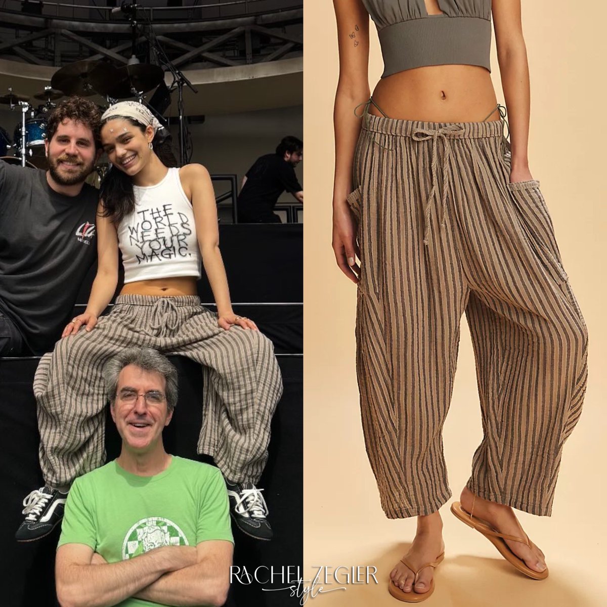 ZeglerStyle's tweet image. Rachel wore the #DressedInLala ‘The World Needs Your Magic Graffiti Tank’ ($58) along with her #FreePeople ‘Quinn Striped Pants’ ($60).

She wore her #vans 'Super Lowpro Shoes' ($85) along with the #Next ‘Aela Modern Western Black Scarf‘ (Sold Out).