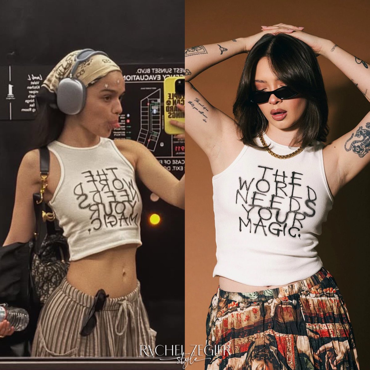ZeglerStyle's tweet image. Rachel wore the #DressedInLala ‘The World Needs Your Magic Graffiti Tank’ ($58) along with her #FreePeople ‘Quinn Striped Pants’ ($60).

She wore her #vans 'Super Lowpro Shoes' ($85) along with the #Next ‘Aela Modern Western Black Scarf‘ (Sold Out).