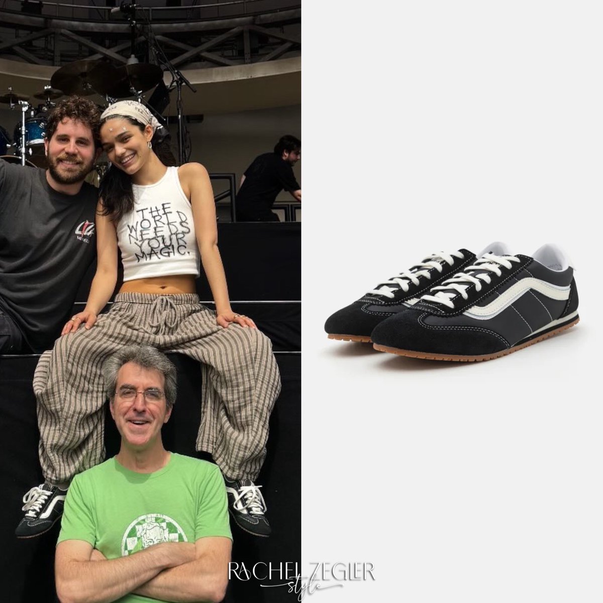 ZeglerStyle's tweet image. Rachel wore the #DressedInLala ‘The World Needs Your Magic Graffiti Tank’ ($58) along with her #FreePeople ‘Quinn Striped Pants’ ($60).

She wore her #vans 'Super Lowpro Shoes' ($85) along with the #Next ‘Aela Modern Western Black Scarf‘ (Sold Out).