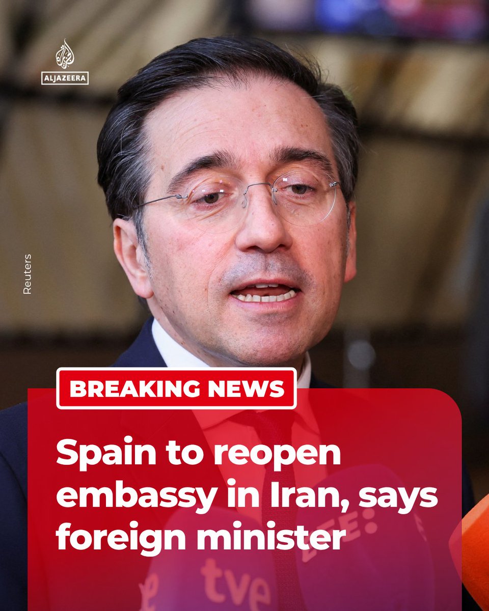 AJEnglish's tweet photo. Spain’s Foreign Minister Jose Manuel ‌Albares has said his country will reopen its embassy in Tehran and play a role in peace efforts.

🔴 LIVE updates: https://t.co/b3wwTTJlBs https://t.co/oZ5uS3NyDL