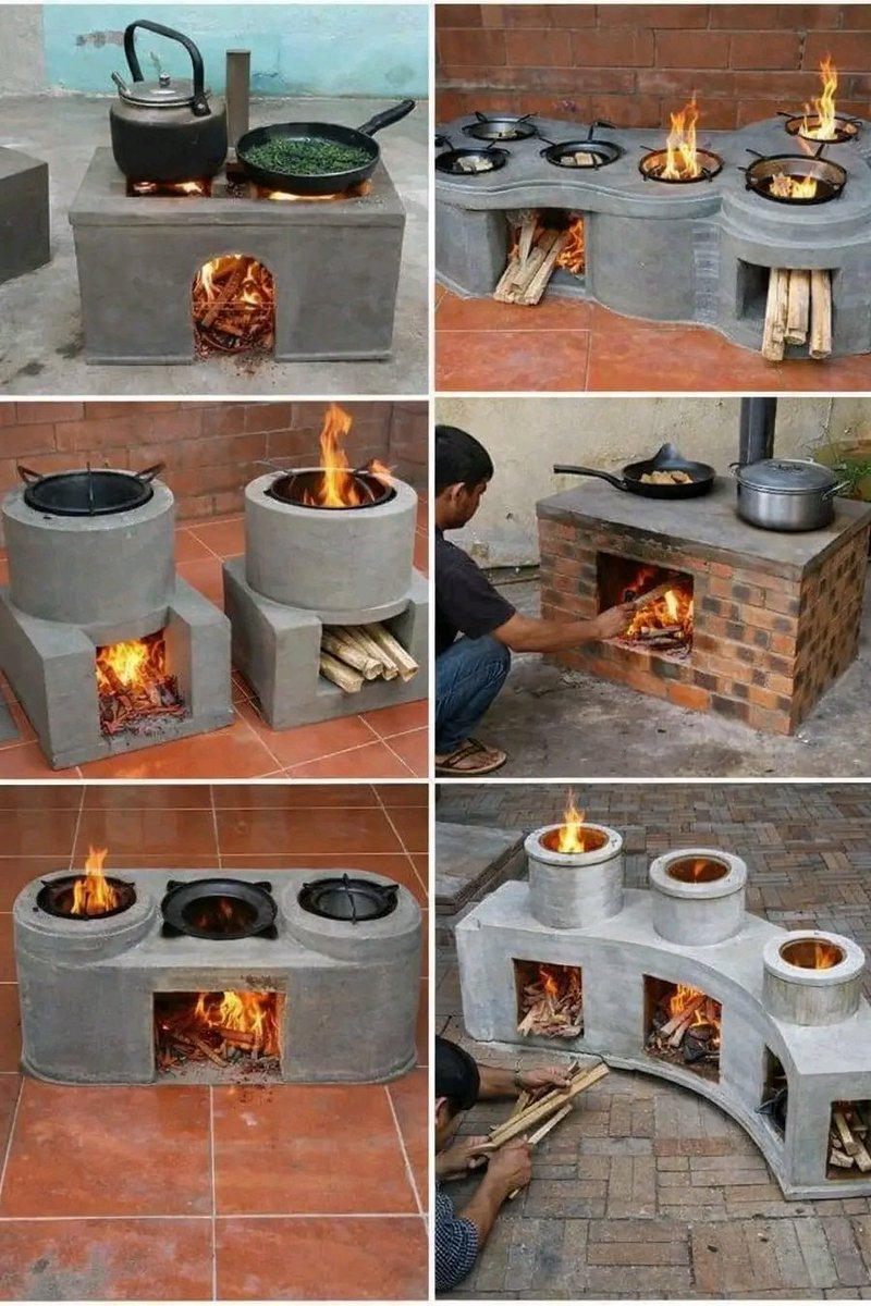 🔥 DIY Multi-Burner Rocket Stove: Efficient Outdoor Cooking Solution
This image shows a creative and highly efficient multi-burner rocket stove design made from concrete or bricks. 
It’s perfect for outdoor cooking, especially in rural areas, gardens, or off-grid setups.

🏗️ What
