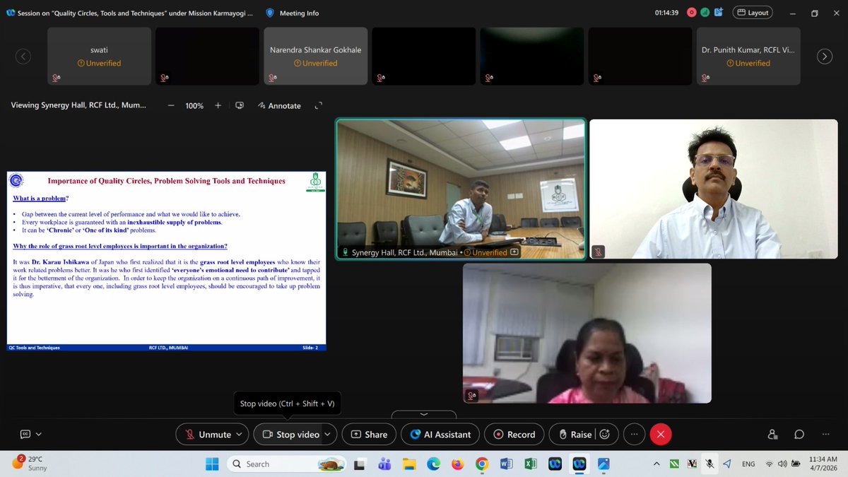 rcfkisanmanch's tweet photo. #RCF-RCF Limited successfully conducted an expert session on Quality Circles, Tools & Techniques on 7th April 2026  under #SadhanaSaptah2026 as part of #MissionKarmayogi, led by Mr. Amit Mankar, Chief Manager (Industrial Engineering), as Domain Expert under the chairpersonship of Economic Advisor, Department of Fertilizers, contributing to focused capacity building across organizations.