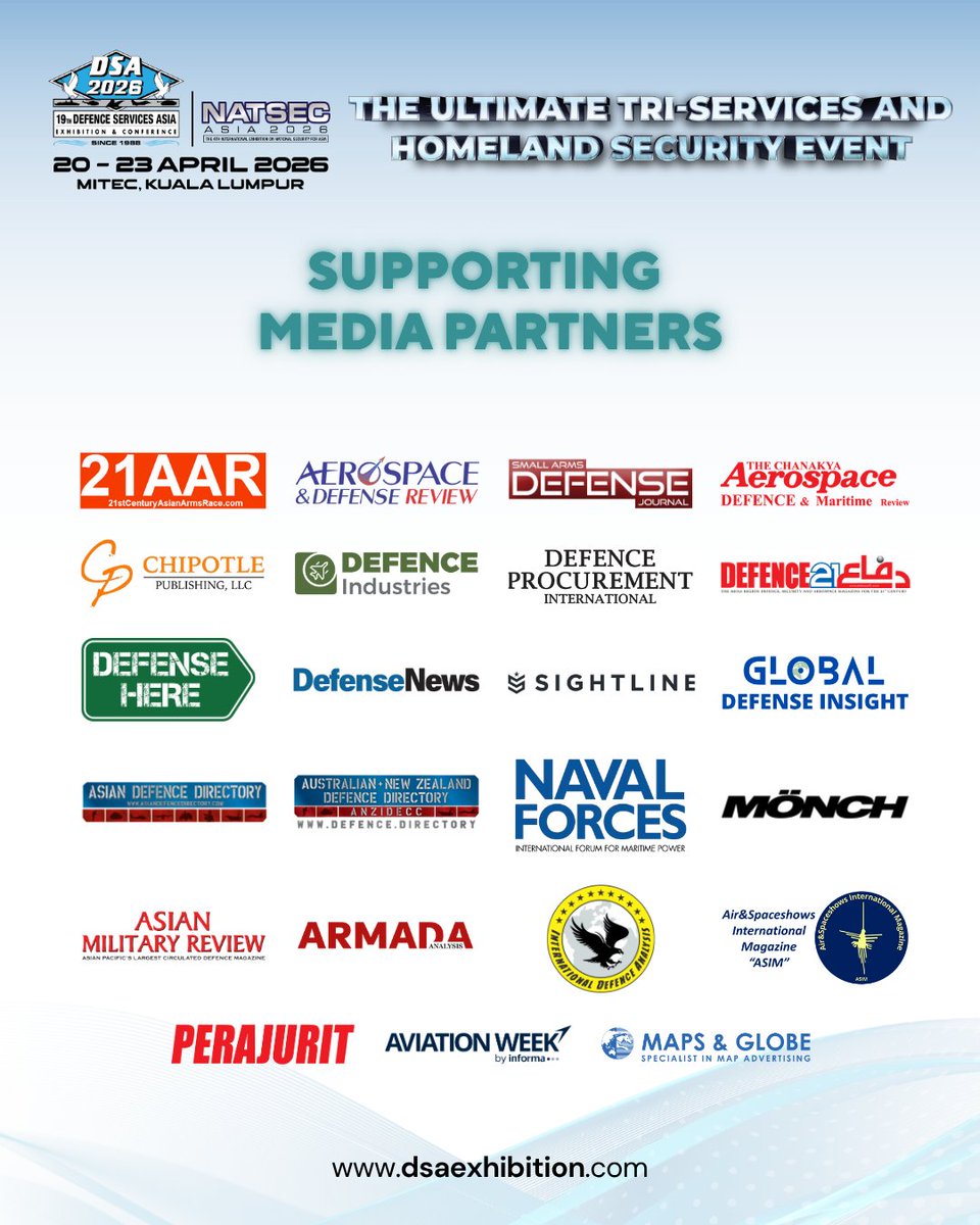 DSAMalaysia's tweet photo. Backed by global media partners, DSA &amp; NATSEC Asia 2026 is amplifying key conversations in defence &amp; security.

Pre-register now: https://t.co/CW65zb57tj
Learn more: https://t.co/Fel4K9OvUw

#DSA2026 #DSANATSECAsia #DefenceExhibition #DefenceEvents https://t.co/rdztFOiMkm