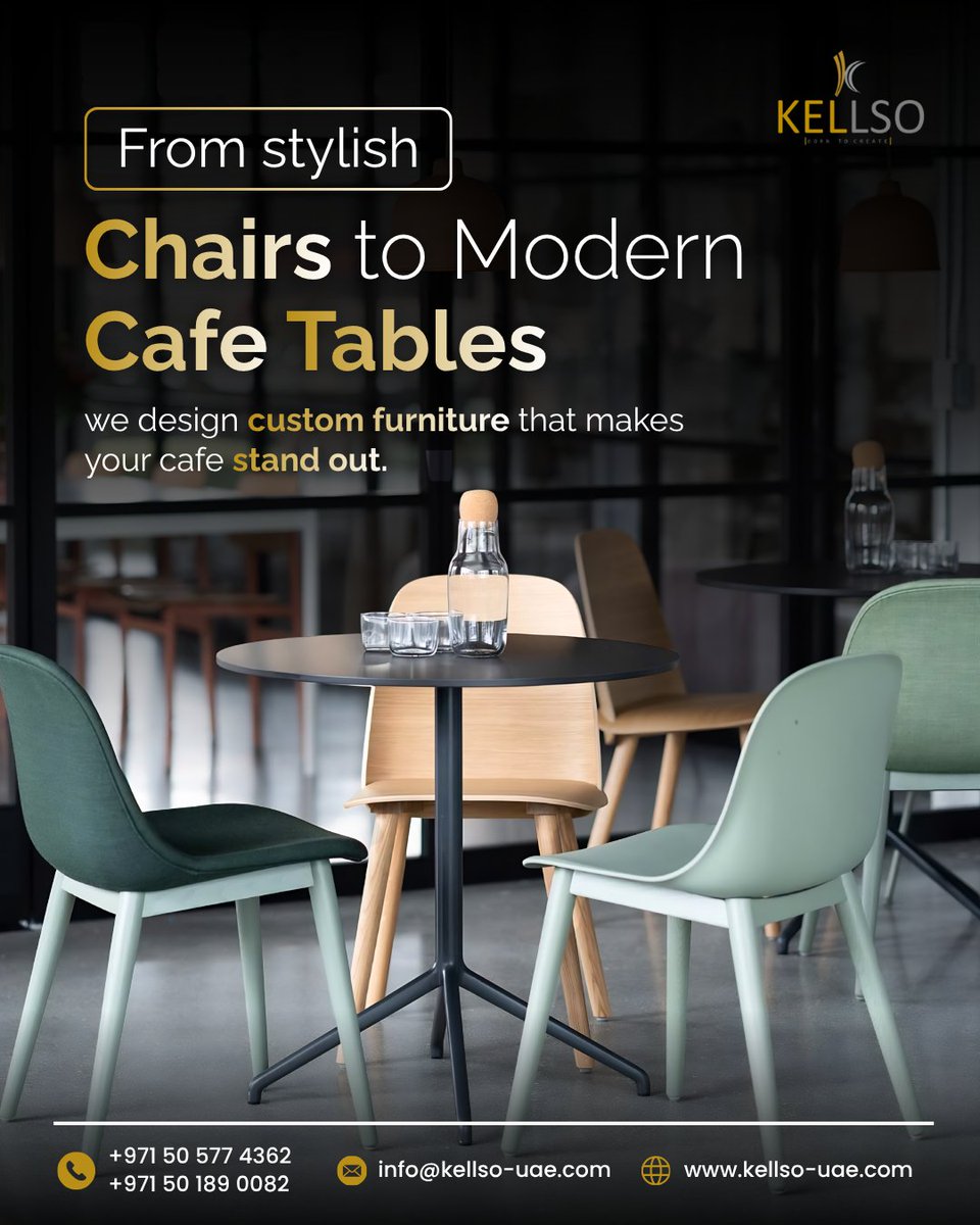 kellso_uae's tweet image. Style your café to stand out ☕✨
Custom furniture that blends comfort, durability &amp;amp; design. 🪑🔥

🌐 kellso-uae.com

#kellsouae #cafedesign #customfurniture #cafeinterior #modernfurniture #hospitalitydesign #interiorinspo #cafevibes #furnituredesign #stylishspaces