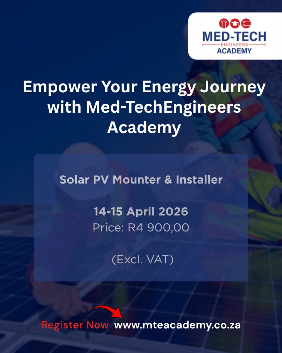 MedTechEngZA's tweet image. Empower your energy journey with Med-TechEngineers Academy!

Join our Solar PV Mounter &amp;amp; Installer training, get hands-on skills in installation, wiring &amp;amp; commissioning with industry experts.

👉 Register: mteacademy.co.za

#SolarTraining 
#LearnFromExperts