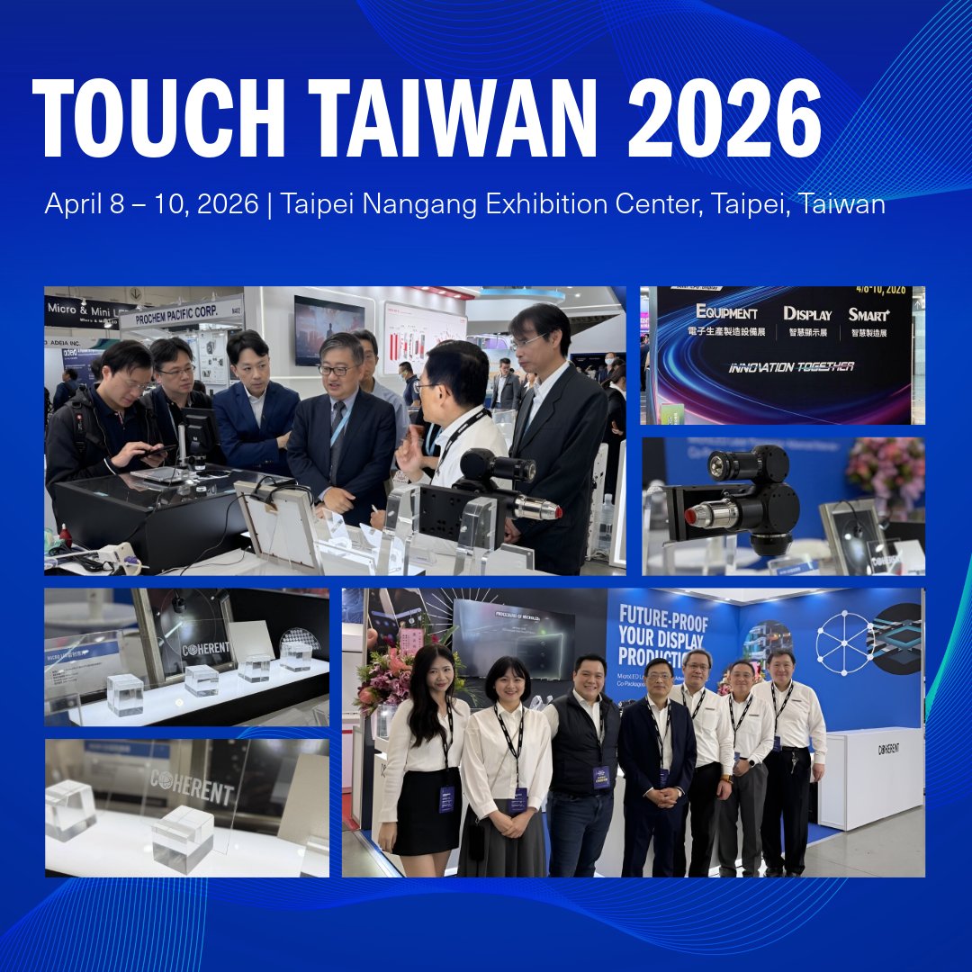 CoherentCorp's tweet photo. We had two great days at Touch Taiwan 2026! There's one last day to come visit us at Booth M405 for demos and discussions with our subject matter experts. We look forward to seeing you there.

#Coherent #Semiconductors #Photonics #Laserss https://t.co/2GkMdFSjLw