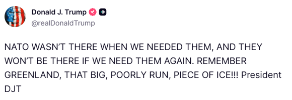 NOELreports's tweet image. Toddler at it again. Trump questions NATO’s reliability, saying the alliance “wasn’t there when we needed them,” while also referencing Greenland in his remarks. #US
