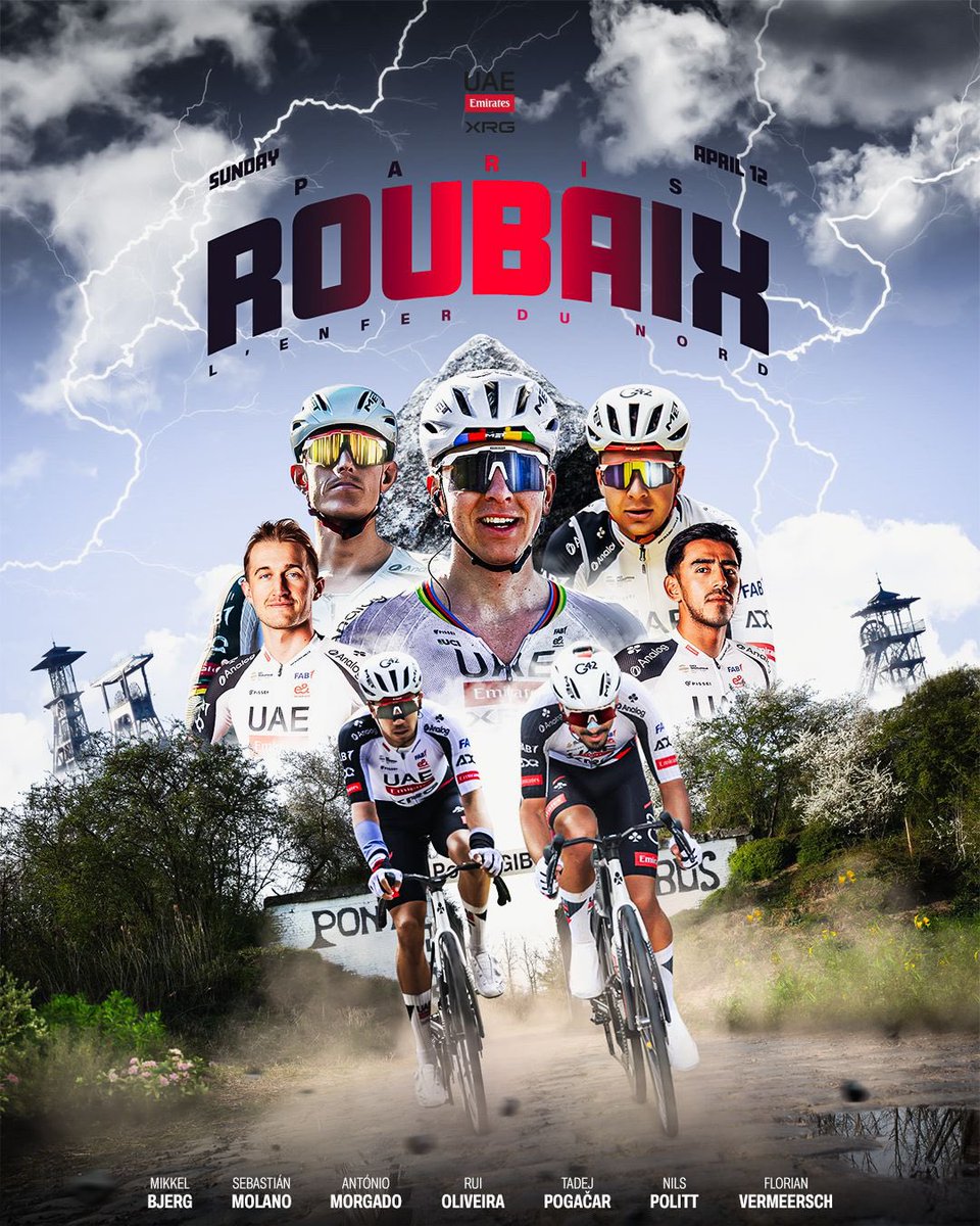 We’re gearing up for a Sunday in Hell 😈 

It’s almost time for <a href="/parisroubaix/">Paris-Roubaix Hauts-de-France</a>, and <a href="/TamauPogi/">Tadej Pogačar</a> leads our strong team of seven for the pavé 🧱

🇸🇮 <a href="/TamauPogi/">Tadej Pogačar</a>
🇩🇰 <a href="/mikkelbbjerg/">Mikkel Norsgaard Bjerg</a>
🇨🇴 <a href="/sebasmolano_/">Sebastian Molano</a>
🇵🇹 <a href="/morgadoisme/">Antonio morgado</a>
🇵🇹 <a href="/roliveira57/">Rui Oliveira</a>
🇩🇪 <a href="/PolittNils/">Nils Politt</a>
🇧🇪 <a href="/FlorianVermeers/">Florian Vermeersch</a> 

#WeAreUAE |