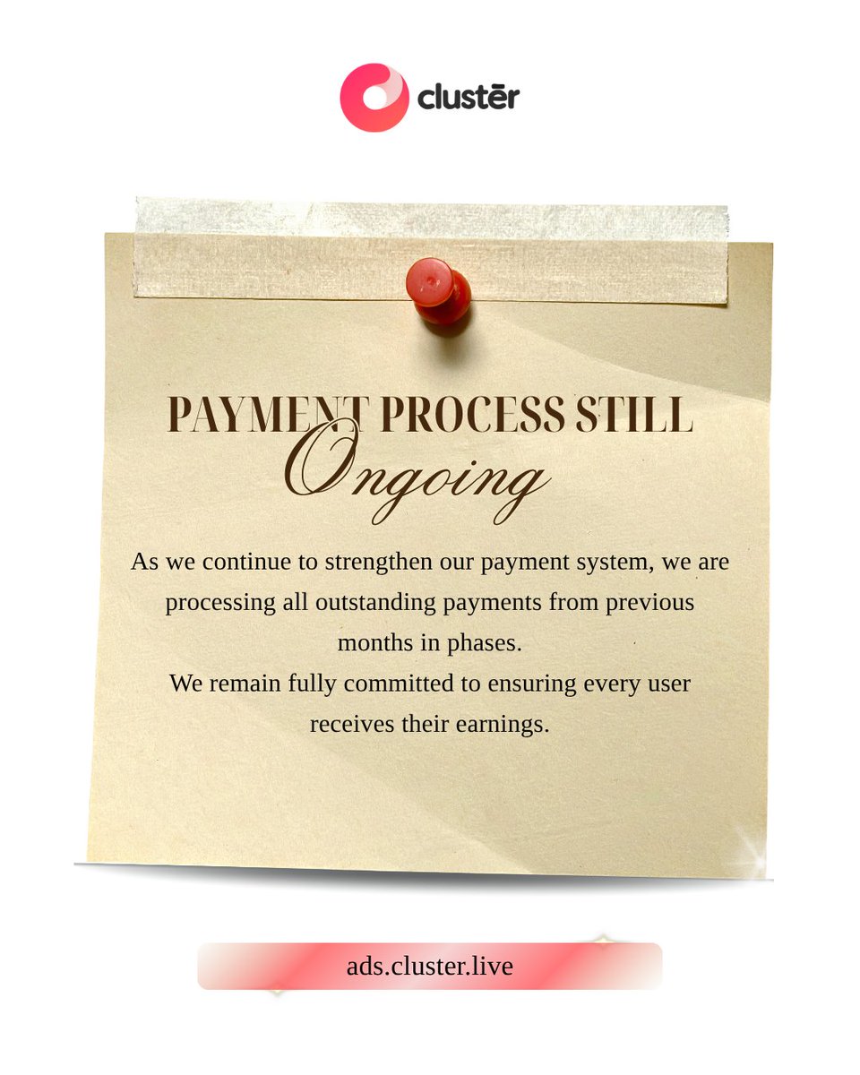 clusterliveapp's tweet image. We’re working behind the scenes to get everything right, payments are being processed step by step. Your earnings matter, and we’re making sure they get to you.
#ClusterLive #PaymentUpdate #TrustTheProcess #UserFirst #OnlineEarnings #Thursday