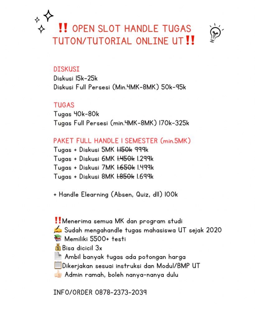 jokitugasdulu's tweet photo. 🚀 Jasa Joki Tugas Mahasiswa UT Terlengkap📝

📌 Diskusi Tuton
📌 Tugas Tuton: 
📌 Aril/Karil/Metode Penelitian/Praktek
📌 Makalah Essay Paper
📌 RPP, PKP, PKM, PTK

📲 https://t.co/tfhH5tJeT5
#zonauang #mahasiswaut #jokikarilut #jokituton #univterbuka https://t.co/ZxiKVagaZt