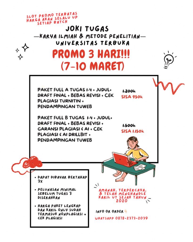jokitugasdulu's tweet photo. 🚀 Jasa Joki Tugas Mahasiswa UT Terlengkap📝

📌 Diskusi Tuton
📌 Tugas Tuton: 
📌 Aril/Karil/Metode Penelitian/Praktek
📌 Makalah Essay Paper
📌 RPP, PKP, PKM, PTK

📲 https://t.co/tfhH5tJeT5
#zonauang #mahasiswaut #jokikarilut #jokituton #univterbuka https://t.co/ZxiKVagaZt