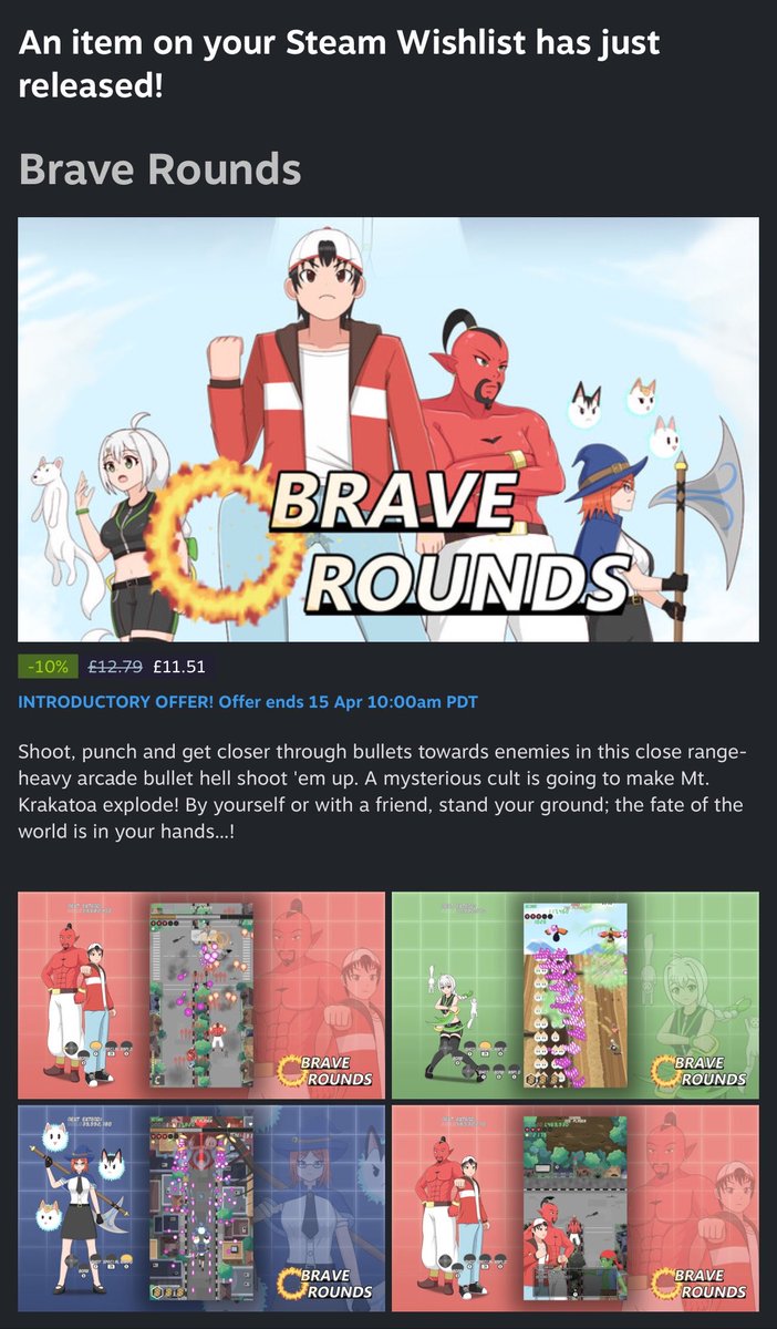 The shmup/stg I made a track for is out (Brave Rounds by <a href="/PlayshiftG/">PlayShift Games → Brave Rounds DEMO AVAILABLE</a>). Really looking forward to playing this 🤘 #braverounds #shmup #stg #newrelease #indiegame