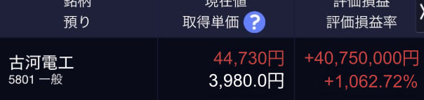 ako_antares's tweet photo. 1年間保有していた古河電気（5801）株を全て売却しました。
1年前に3,980円で1,000株買いました。
当時は「正気？」と言われながらも、ひたすら買い続け、
そして今年の4月頃、株価が45,000円に達した時に、
迷わず全額売却しました！
そして今——また見つけました。
コメント欄をご覧ください。 https://t.co/yN5zCm7r3V