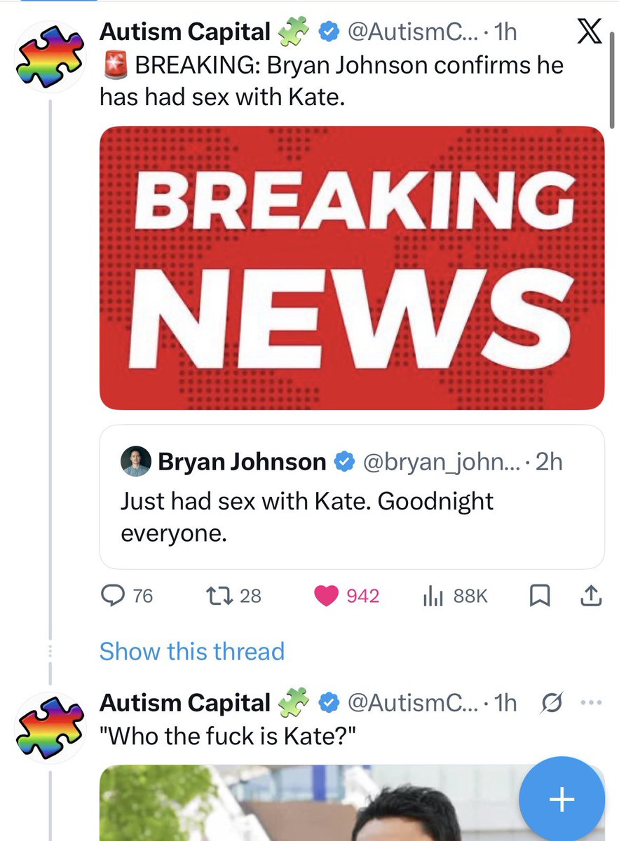 Super viral everywhere 

Just had sex with Kate. Goodnight everyone.

x.com/bryan_johnson/…