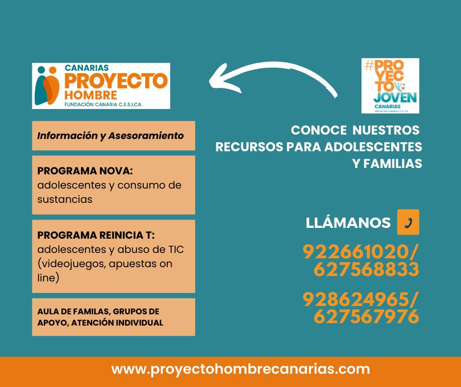 PHCANARIAS's tweet photo. 👀PROYECTO JOVEN: ATENCIÓN A ADOLESCENTES Y FAMILIAS
📍Ante las dudas, no desconectes: resuélvelas informándote y solicitando asesoramiento.
📲Conoce el Programa NOVA y el Programa Reinicia T
#prevenciónessalud #adolescentes #jóvenes #familias #adicciones https://t.co/Vf191SQBWH