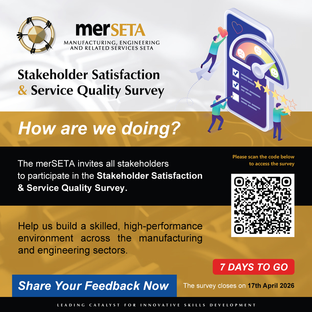merSETASocial's tweet image. 7 𝘿𝙖𝙮𝙨 𝙩𝙤 𝙂𝙤: 𝙒𝙚 𝙒𝙖𝙣𝙩 𝙩𝙤 𝙃𝙚𝙖𝙧 𝙛𝙧𝙤𝙢 𝙔𝙤𝙪🗣️

Share Your Feedback Now: insurvey.co.za/.../43397a5a-0…...
The survey closes on 17th April 2026

#merSETA #StakeholderEngagement #ServiceExcellence #SkillsDevelopment
