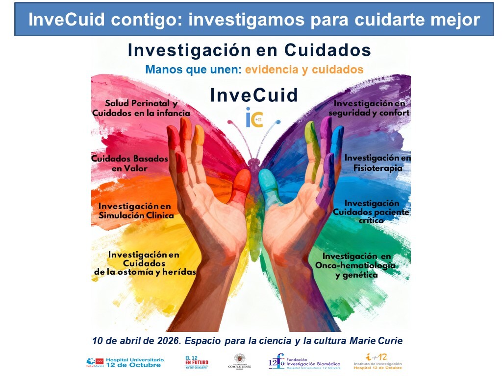 🥼 "Manos que unen, evidencia en cuidados" es una jornada dedicada a la investigación en cuidados que realiza el Grupo <a href="/Invecuid_h12o/">InveCuid_h12o</a>.

✅ Talleres, pasatiempos y actividades para participar y comprobar los avances realizados desde Enfermería. 

+Info: c.madrid/g4sr81