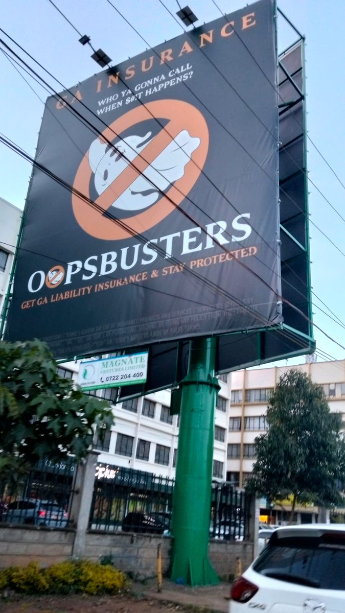 Spotted this billboard in Parklands at Highridge. "Who you gonna call when shit happens?' OOPSBUSTERS,' <a href="/GAinsuranceltd/">GA Insurance Limited</a>  nailed. Nostalgia for Ghostbusters fans, right? #GALiabilityInsuarance protects businesses from employee-related financial risks.#NoMoreDrama
#RestAssured