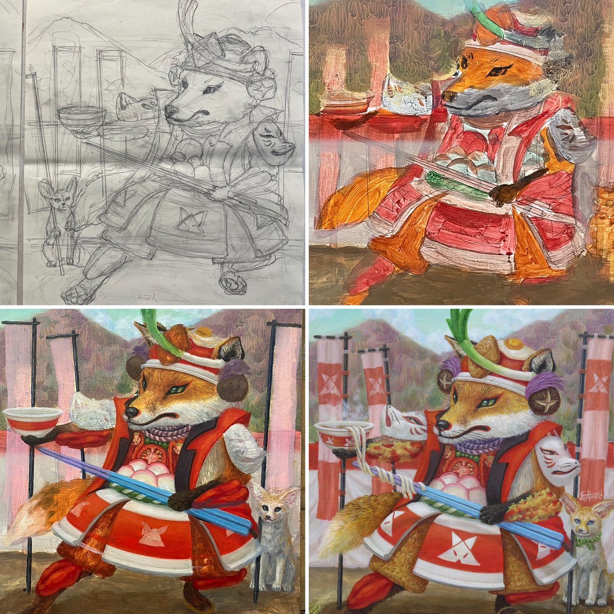 r_swamp83's tweet photo. 「紅い狐武将」
2026 F4 oil, acrylic on Japanese paper
赤いきつねうどんにインスパイアされた作品。戦わねばならない、みどりのあいつと🥢
🦊🦊🦊
#赤いきつね #油彩 #岩澤慶典 #oilpainting #foodanimal https://t.co/t2RV5y2n1x