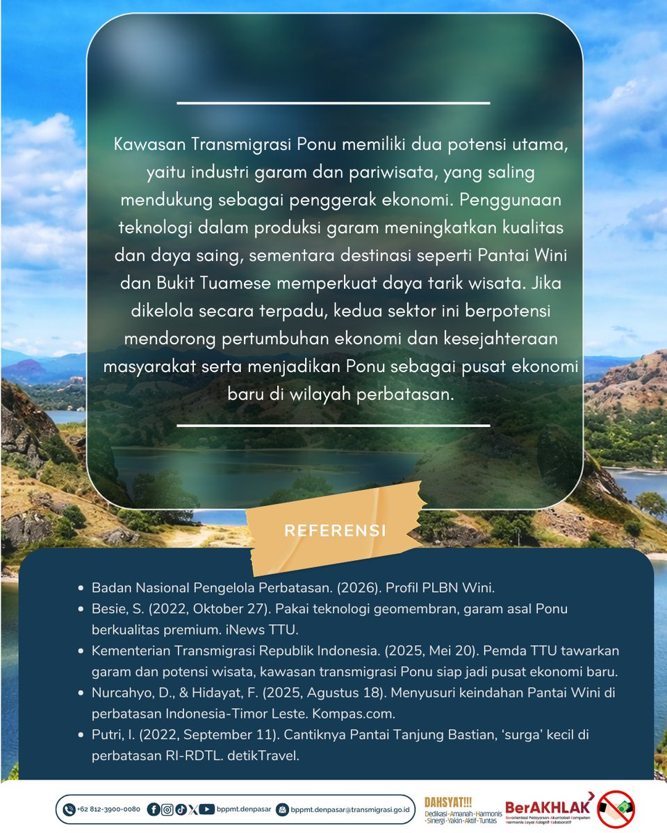 Kawasan Transmigrasi Ponu di TTU punya potensi besar yang belum banyak diketahui! 
Mulai dari industri garam berkualitas hingga destinasi wisata eksotis di wilayah perbatasan.

Bagaimana potensi ini bisa jadi motor penggerak ekonomi baru? Yuk, simak selengkapnya!
#bppmtdenpasar