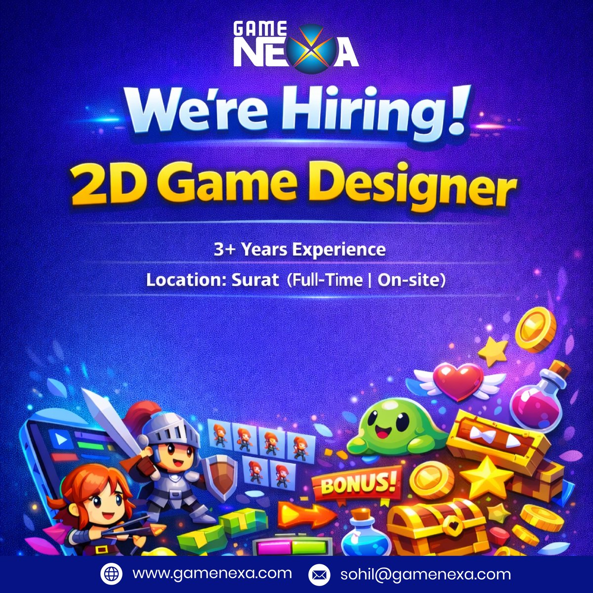 gamenexastudio's tweet photo. Weβre Hiring: 2D Game Designer & Animator
β³ Experience: 3+ Years
πΌ Employment Type: Full-Time
π Location: Surat (On-site / Full Time)
π© ππ½π½πΉπ π‘πΌπ: sohil@gamenexa.com or hr@gamenexa.com
#Hiring #GameDeveloper #GameDesign #GameAnimator #2DGame #GameNexa https://t.co/hbr3aPNpHk