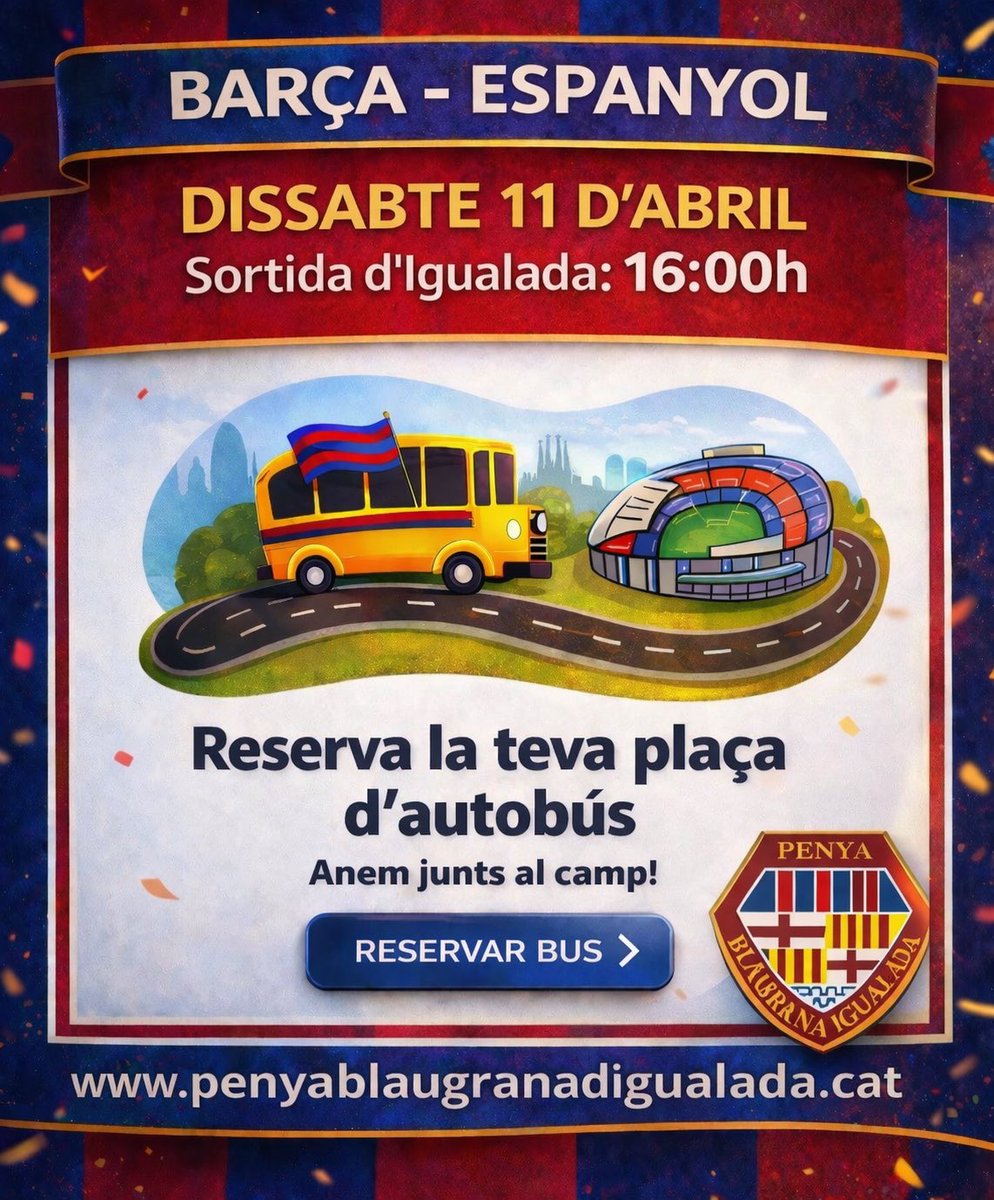 PBIgualada's tweet photo. Jornada de derbi metropolità, acompanya’ns 💪🏻💙❤️https://t.co/2paPNhKuyV #IgualadaCuler #SempreBarça #ForçaBarça #Supporters #FCBlive #FCBarcelona
#esportigualada #Igualada
@FCBarcelona_cat
@FCBPenyes
@ConfePenyesFCB
@PBIgualada
@AgrupacioFCB
@FCBjugadors https://t.co/YHB9vlClu1