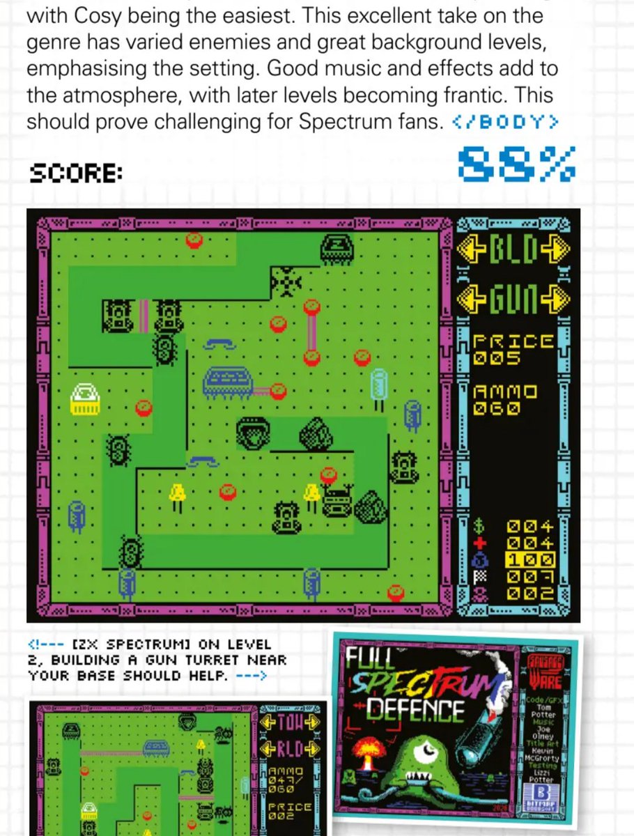 tomjamespotter's tweet image. Oh wow! 88% for Full Spectrum Defence in @RetroGamer_Mag 🤩🤩🤩 Massive thanks to @merman1974 for the review. Download the game from @BitmapSoft if you'd like to play it yourself 😁😁😁 #ZXSpectrum #RetroGame