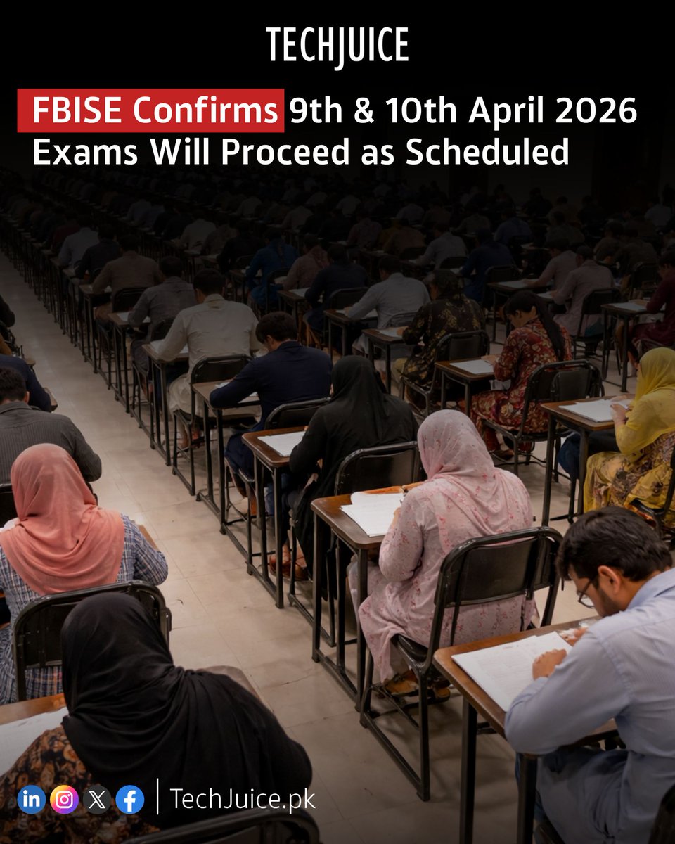 TechJuicePk's tweet image. FBISE confirms exams to proceed despite holidays.
FBISE has announced that exams on 9th and 10th April 2026 will go ahead as scheduled, even though schools and colleges will remain closed.

#techjuice #fbise #exams #education #pakistan