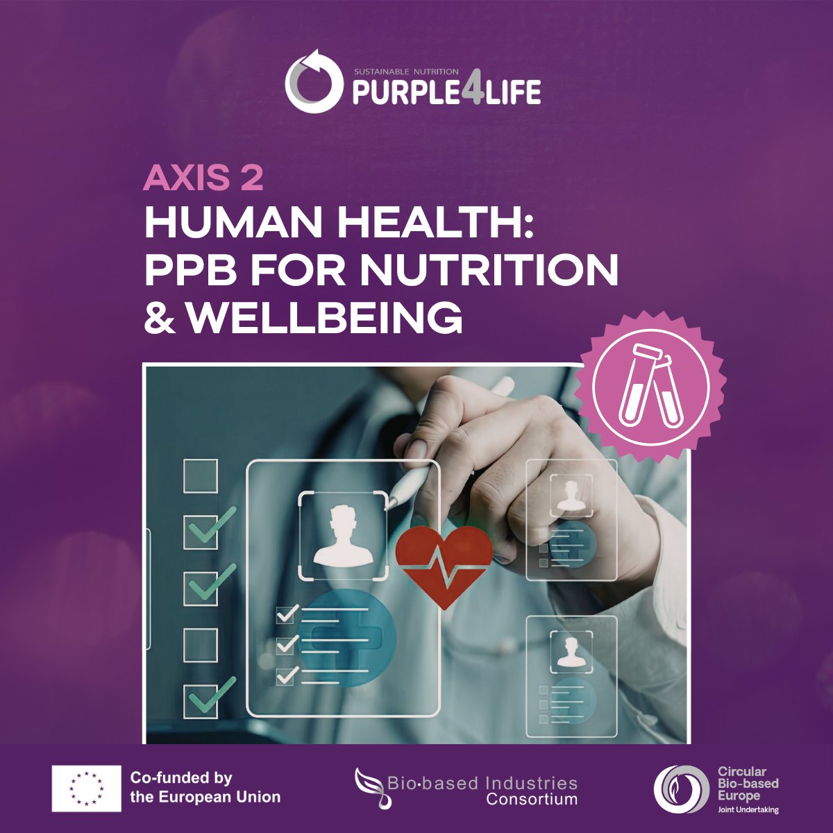 Purple4lifeEu's tweet image. 👩‍🔬 AXIS 2: Human Health

#Purple4Life advances clinical research on PPB-based nutrition, with partners across Europe testing formulation, sensory properties &amp;amp; bioavailability.

Goal: safe, appealing, health-promoting foods.

#PPB #ClinicalResearch