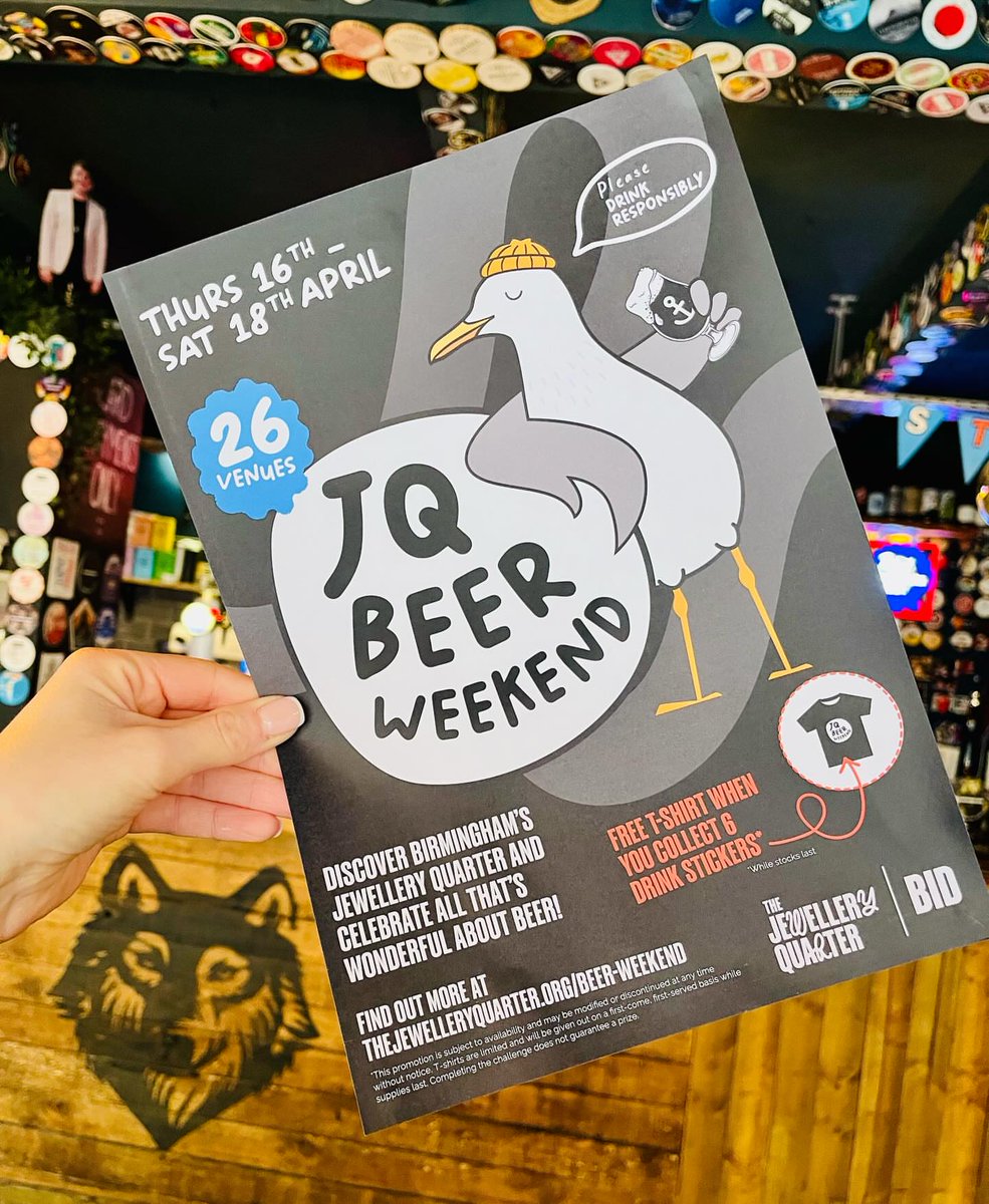 MyJQ's tweet photo. The #JQBeerWeekend is just one week away! 🍻 
Grab your trail guide starting April 16th, visit amazing local venues, and collect stickers to earn a limited edition t-shirt. 
See you there! 🐺 https://t.co/whPTVyG2lj 
#JQLife #JQGraph #Birmingham #thewolfbham https://t.co/0BB0YoPDYx