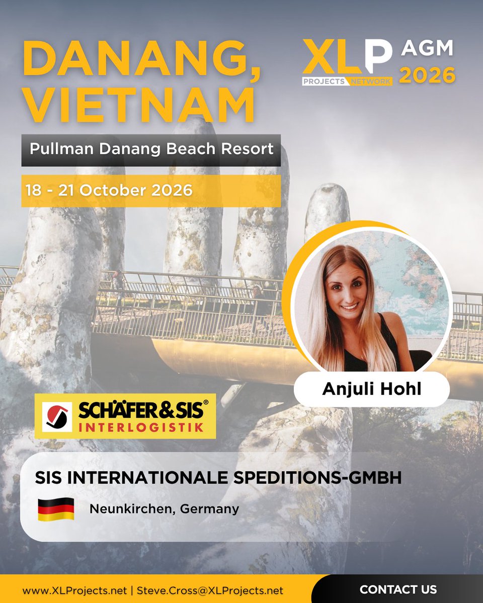 Anjuli Hohl from SIS Internationale Speditions-GmbH will be attending the XLP AGM 2026 in Da Nang, Vietnam! (18–21 Oct)

 🔗  xlprojects.net/meeting/xlp-ag…

#XLProjects #AINetworks #LogisticsNetwork #freightnetworks #heavylift #XLPAGM2026  #Vietnam #SISInternationaleSpeditionsGmbH