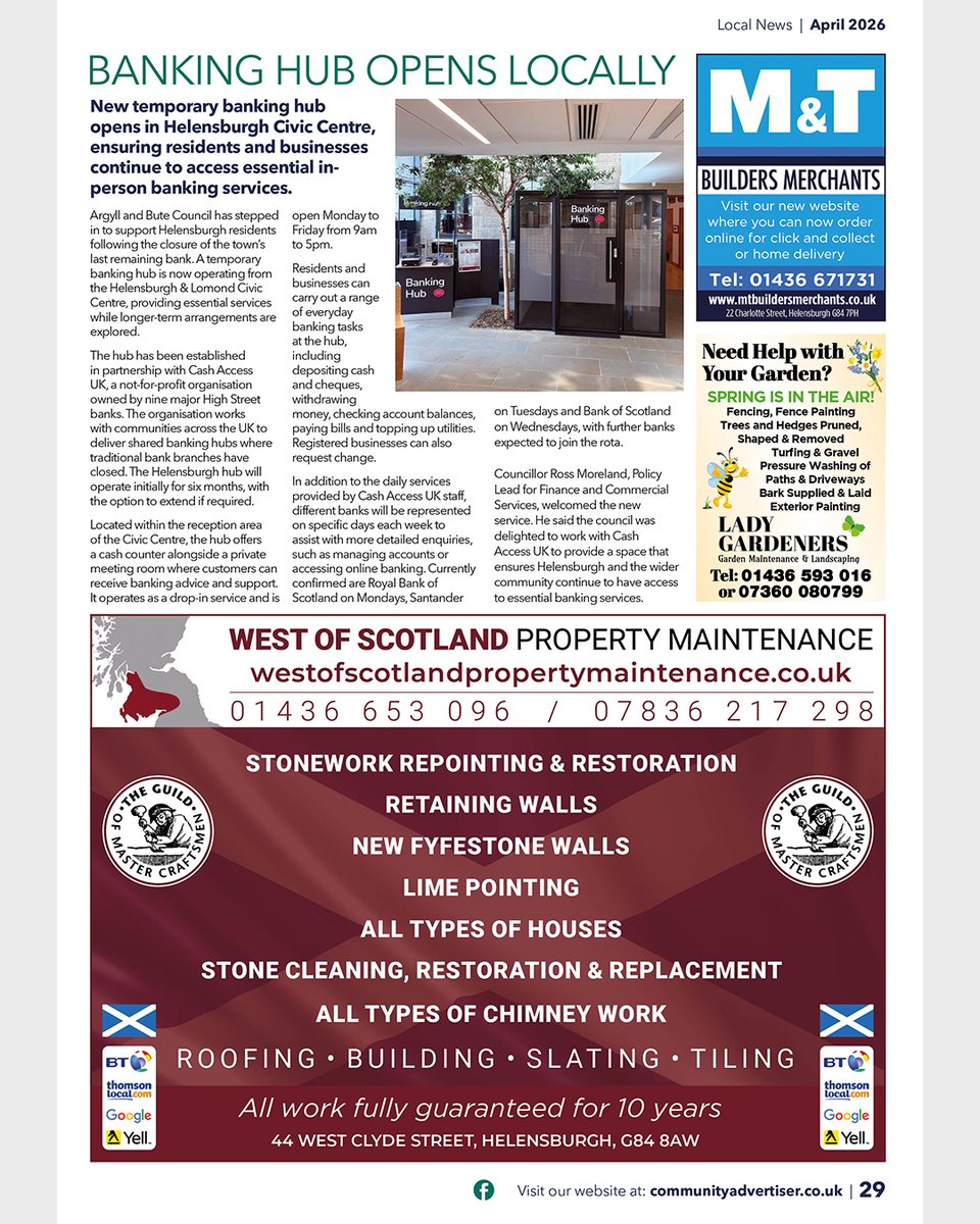 Banking Hub Opens Locally: New temporary banking hub opens in Helensburgh Civic Centre, ensuring residents and businesses continue to access essential in-person banking services. Full story, and for the rest of our eBook, CLICK HERE: tinyurl.com/3nbaew98