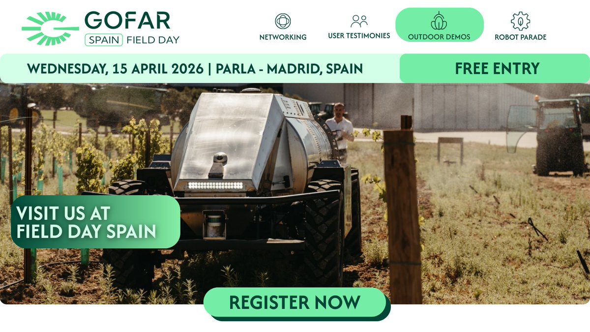 expertoAP_upm's tweet photo. Una semana para el evento más importante sobre #robóticaagricola . El @gofar_fira :  GOFAR Tour llega  el día 15 de abril a Parla. Si quieres ver a más de 25 robots trabajando entre frutales y extensivos, infórmate e inscríbete gratuitamente en https://t.co/0B5nnqGTje https://t.co/evKiA1MGnc