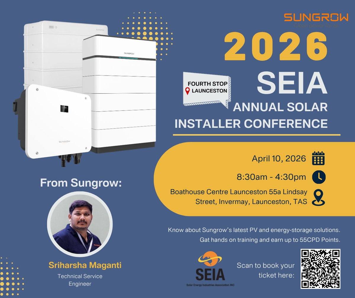 AsiaSungrow's tweet image. Join #SungrowAU at the SEIA Installer Conference in Tasmania. Unlock hands-on training &amp;amp; solar+storage solutions.

📅10 Apr 2026
📍Boathouse Centre, Launceston
🔗Book your ticket:  seia.org.au/events/2026-se… 

Can't wait to see you there! 
#SolarInstaller #SEIA #SolarTraining