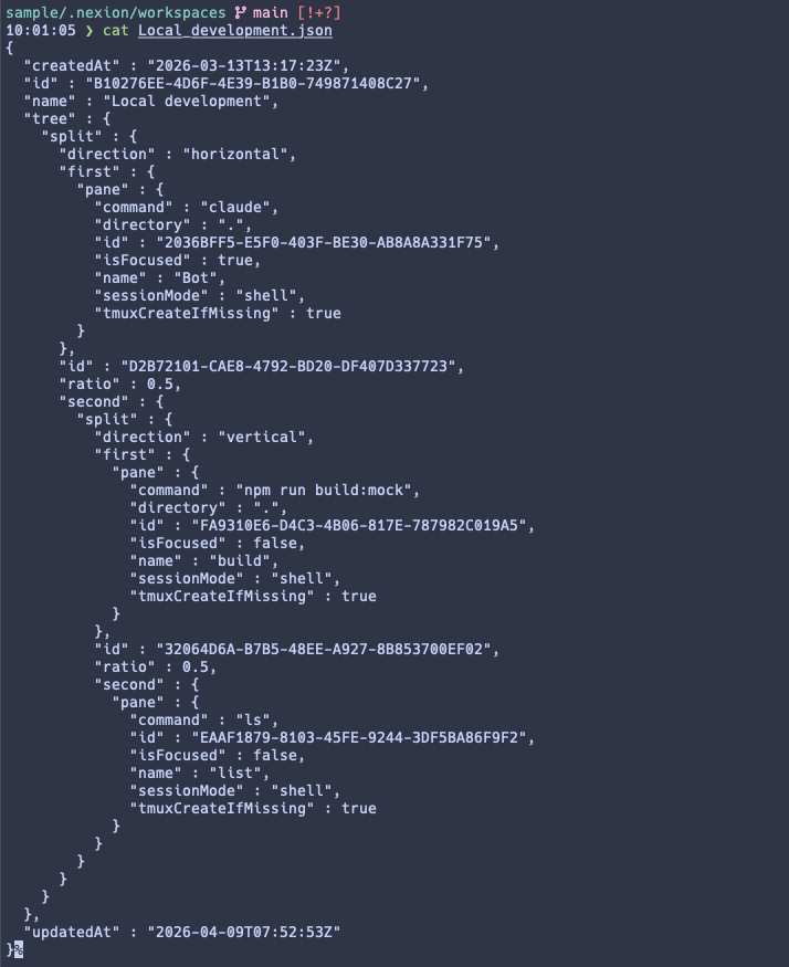 nexion_one's tweet photo. Bonus for the config-as-code crowd: Workspaces save as JSON in .nexion/workspaces/. Commit with the repo. Share with the team.

New hire clones → same panes, same ssh, same startup commands. Onboarding in one git pull. https://t.co/wkKtpYbv4e