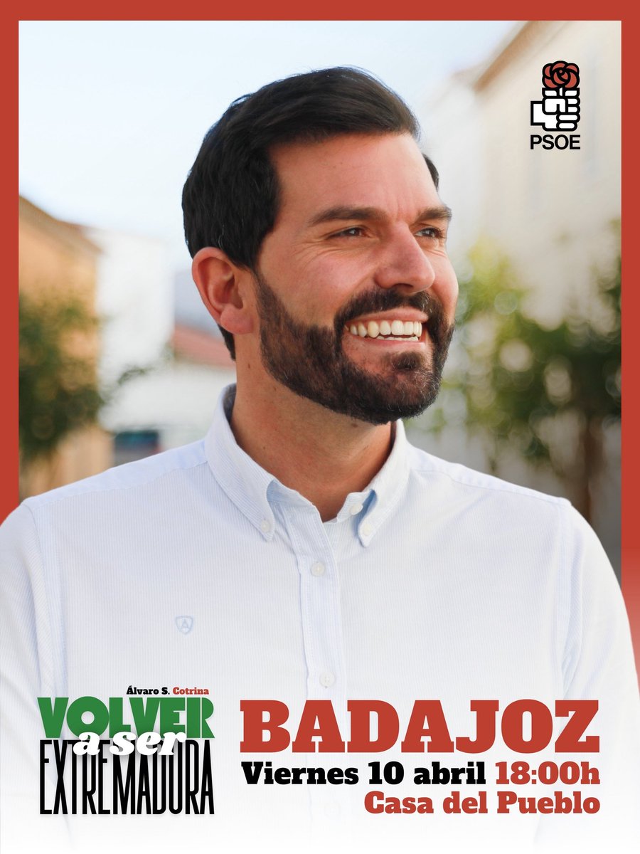 ASCotrina's tweet photo. Mañana viernes os esperamos a todas y todos en el CIERRE DE CAMPAÑA.

Estaremos en:

📍Casa del Pueblo 𝐁𝐀𝐃𝐀𝐉𝐎𝐙, 18:00h.

📍Jardines de casa Pedrilla 𝐂𝐀́𝐂𝐄𝐑𝐄𝐒, 20:30h.

¡Anímate y vente! ¡Eres esencial para #VolverASerExtremadura ✊🏻🌹! https://t.co/6M0MrdQ8xz