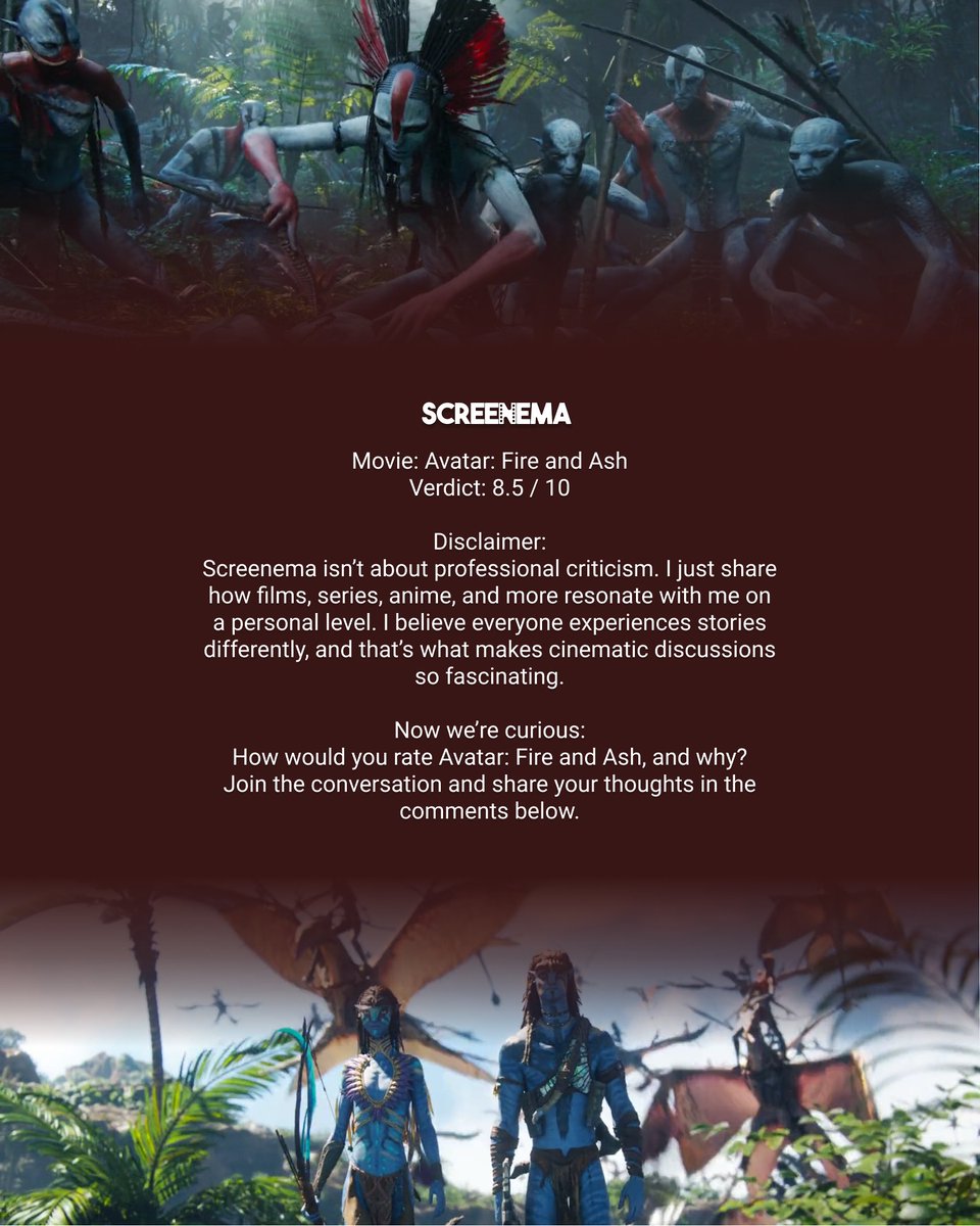 ScreenemaRevs's tweet photo. How would you rate Avatar: Fire and Ash? Share your thoughts below!
#FilmReview #MovieReview #AvatarFireandAsh #FilmCritique #MovieDiscussion https://t.co/5aqhZwQw3X