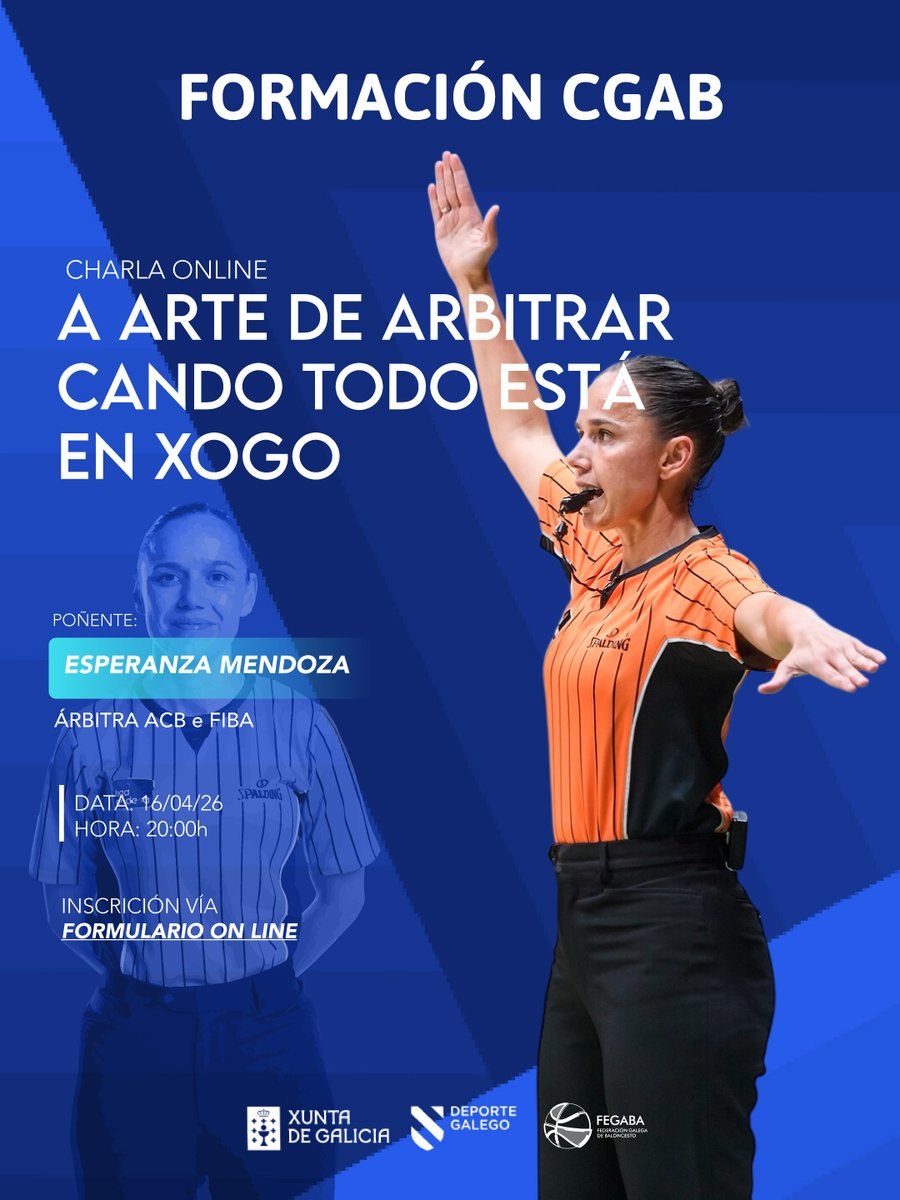 📣 Nova cita formativa no Comité Galego de Árbitros!

A colexiada <a href="/ACBCOM/">Liga Endesa</a>  e <a href="/FIBA/">FIBA Basketball</a> <a href="/Espemendo/">Espe Mendoza</a>  conducirá a sesión virtual: "A arte de arbitrar cando todo está en xogo", dirixida aos integrantes do CGAB.

🔗 Solicita a túa praza (limitadas!): bit.ly/4dCk87Y

📸 ACB Photo