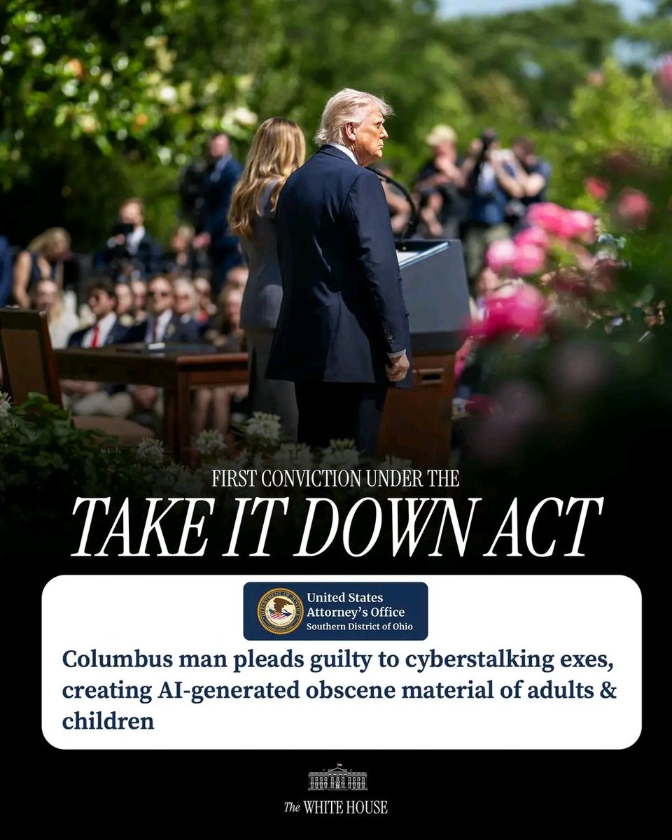 LAW AND ORDER: The first conviction has been made under the TAKE IT DOWN Act, signed into law by POTUS and championed by FLOTUS, protecting children from online abuse. 🇺🇸
