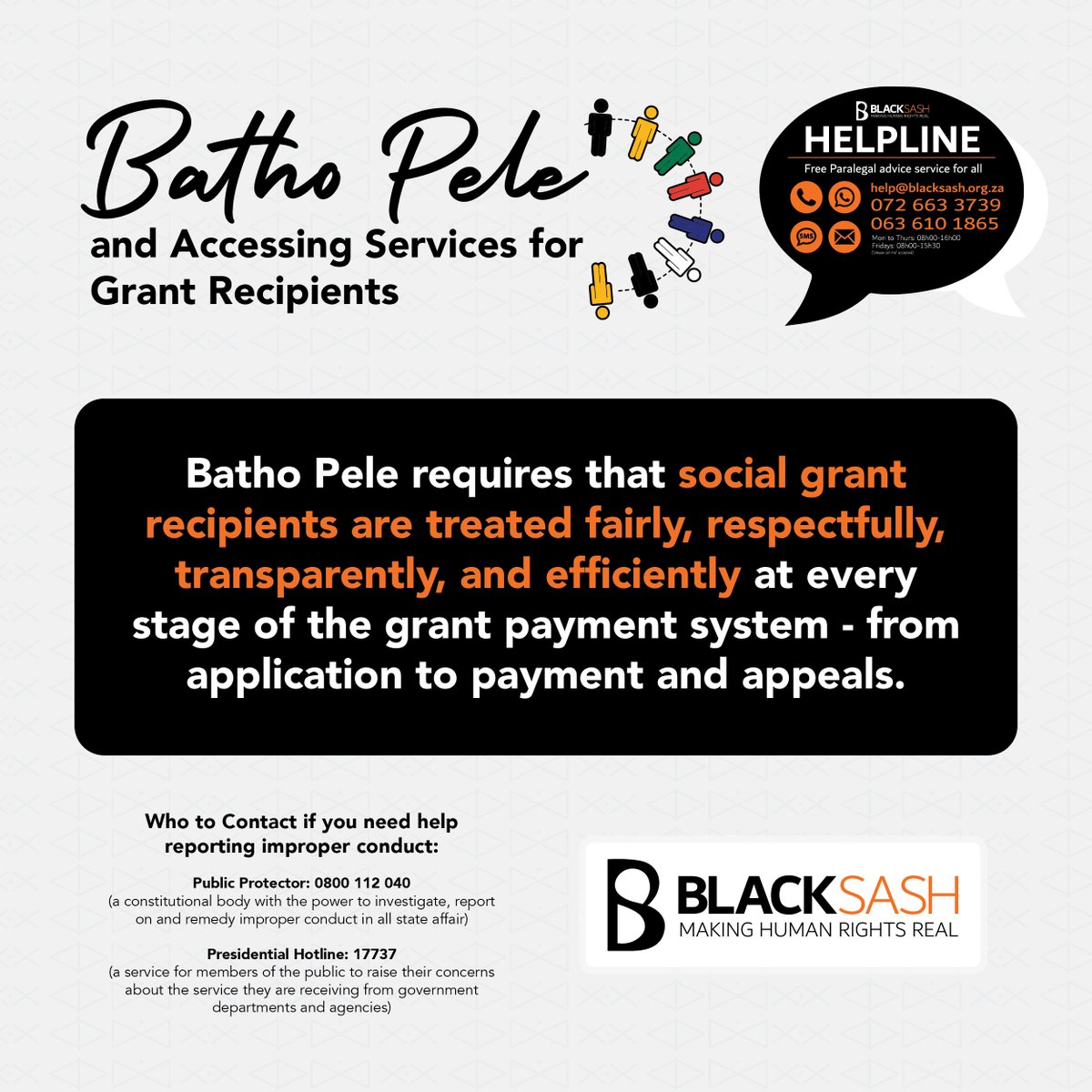 black_sash's tweet photo. Batho Pele means People First.
It makes sure grant services respect people’s rights and dignity.
People must be treated fairly and with respect.
#BathoPele #PeopleFirst https://t.co/DICsBJF71B