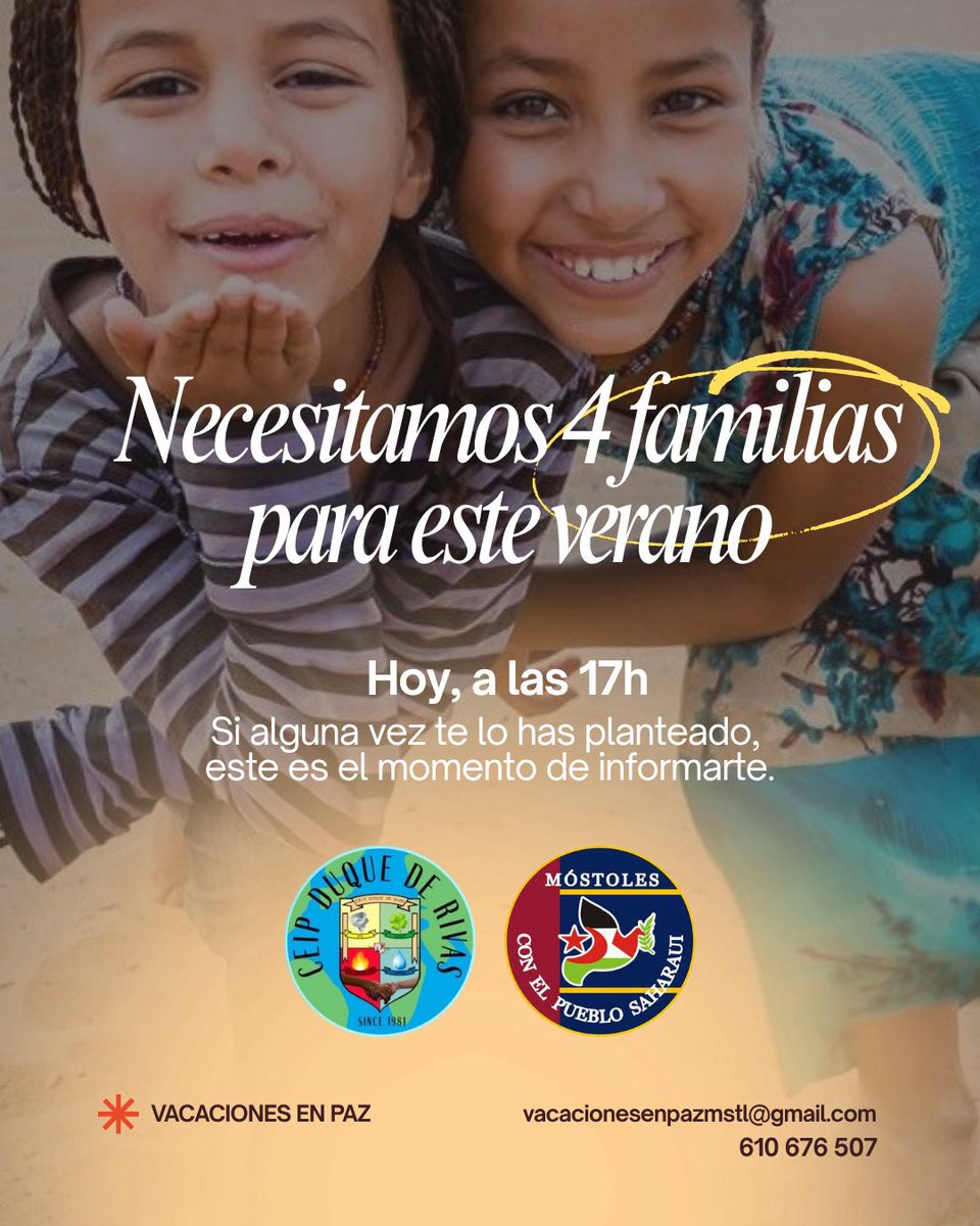Este verano, 4 niños saharauis pueden venir a Sevilla la Nueva.

Hoy lo explicamos todo.

👉 Puedes venir solo a informarte, sin compromiso.

📍 CEIP Duque de Rivas
🕔 17:00h