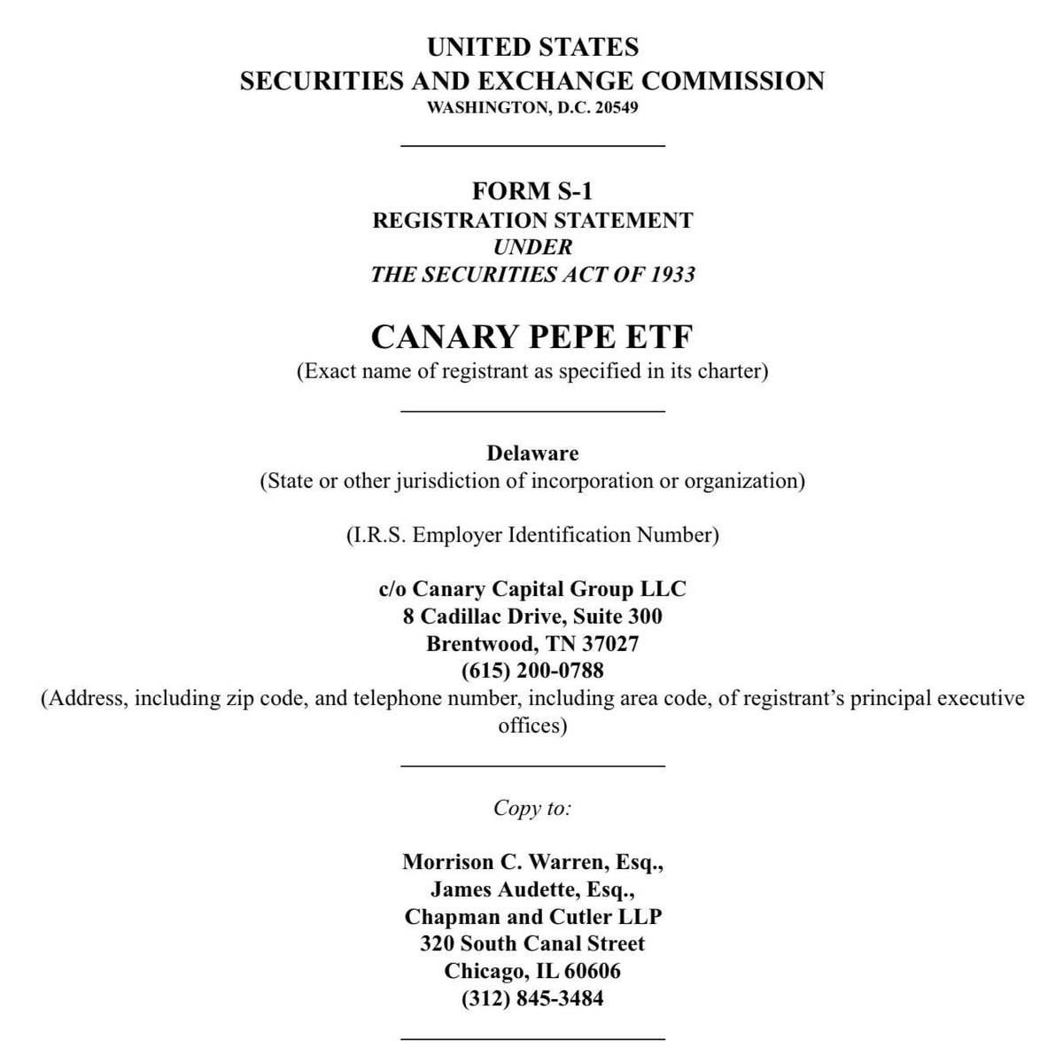 Poloniex's tweet photo. U.S. Securities and Exchange Commission filing shows a proposed “Canary $Pepe ETF” under a new S-1 registration statement.😀 https://t.co/3Xm6pebJ0q