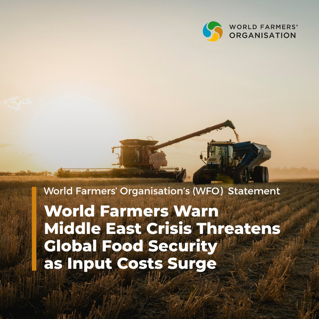 worldfarmersorg's tweet image. ⚠️The Middle East conflict is already a #FoodSecurity crisis.

Rising fuel &amp;amp; fertiliser costs are forcing farmers to adjust their production, with consequences for global food supplies.

🌾 #WFO calls for urgent, coordinated action

📄 Full statement: ow.ly/wzgj50YGl8M