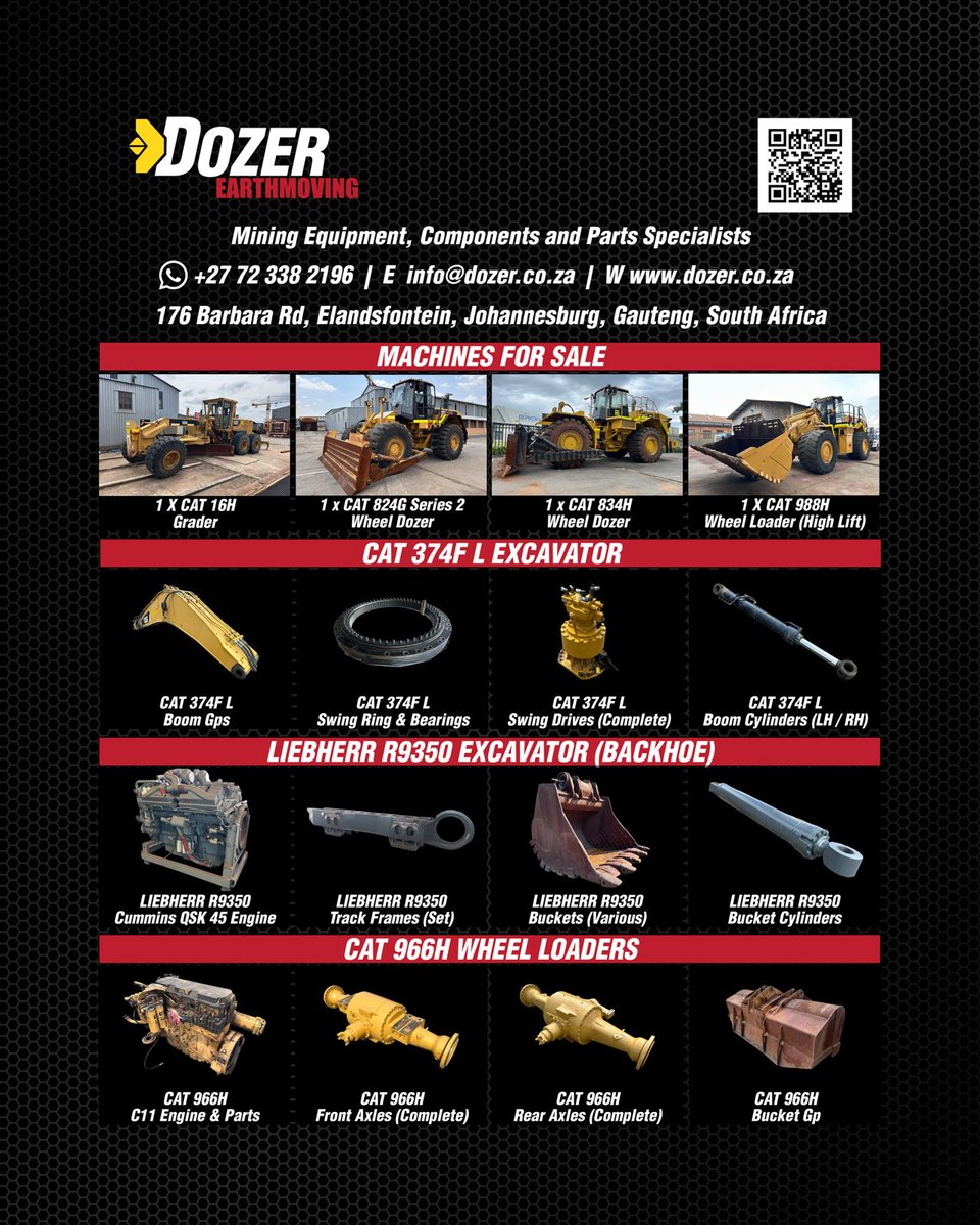 DozerEarth's tweet photo. APRIL STOCK ALERT – QUALITY USED & RECONDITIONED EQUIPMENT, COMPONENTS & PARTS! ⚙️
Our latest monthly brochure has landed — featuring a fresh lineup of OEM-quality machines, components, and parts built for the harshest mining environments! 💪🏼
From Haul Trucks and Dozers to Wheel Loaders… we have good used and fully reconditioned units ready for immediate dispatch worldwide! 🌍
Stock updates monthly — if you don’t see what you need, contact us! We can source or supply fast to keep your fleet working. ✅
📞 +27 (11) 452-1224 | 📧info@dozer.co.za
*
*
*
*
*
#MiningEquipment #CATParts #DozerEarthmoving #HeavyEquipment #OEMParts #MiningIndustry #GlobalSupply #UsedParts #RebuiltComponents #EarthmovingSolutions #ConstructionMachinery #HeavyMachinery #FleetSupport #MiningSolutions #ReconditionedParts #AftermarketSupport #IndustrialMachinery #EquipmentForSale #MachineParts