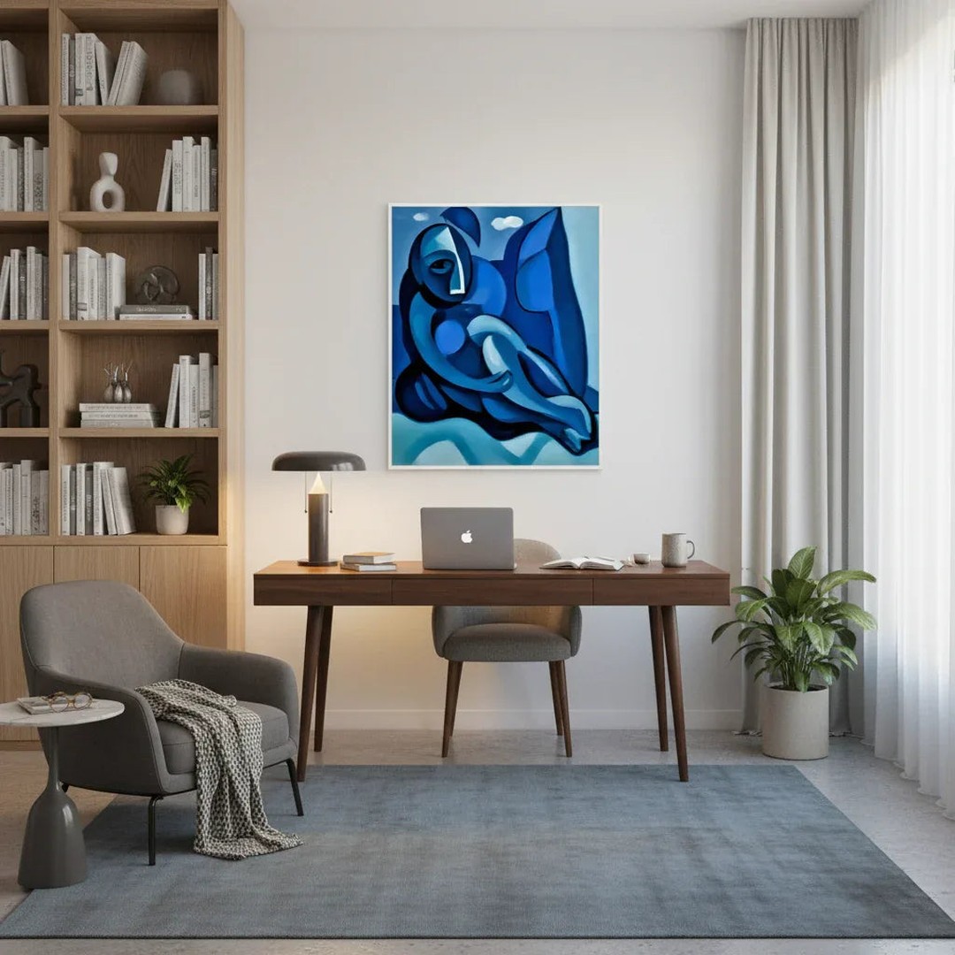 Esmonbijouart's tweet image. Abstract Blue Figure in Contemplation: cubist-inspired, blending geometric forms and blue shades for introspective beauty. Add this tranquil piece to your collection! #ArtLovers #BlueArt #AbstractArt
