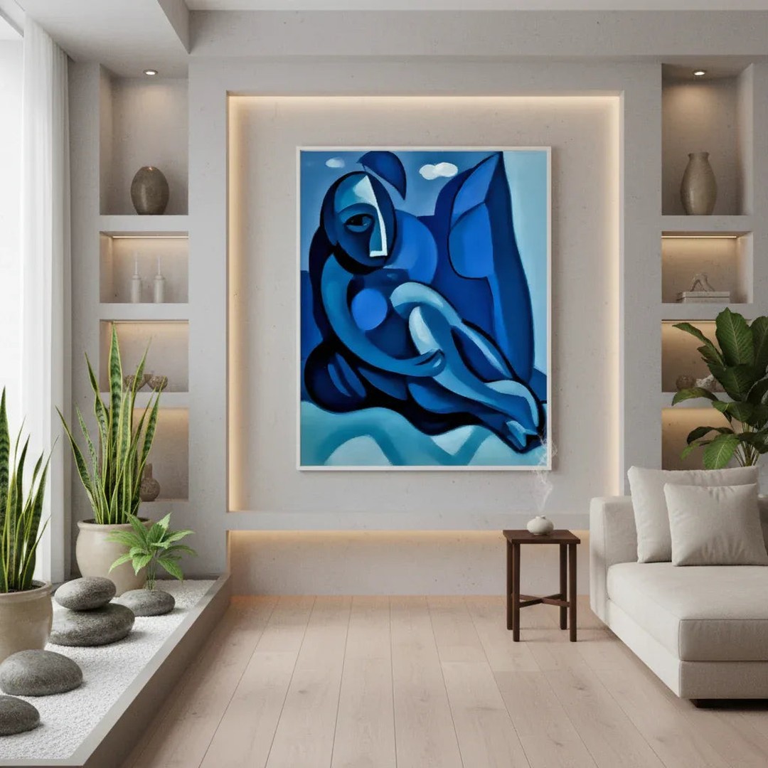Esmonbijouart's tweet image. Abstract Blue Figure in Contemplation: cubist-inspired, blending geometric forms and blue shades for introspective beauty. Add this tranquil piece to your collection! #ArtLovers #BlueArt #AbstractArt