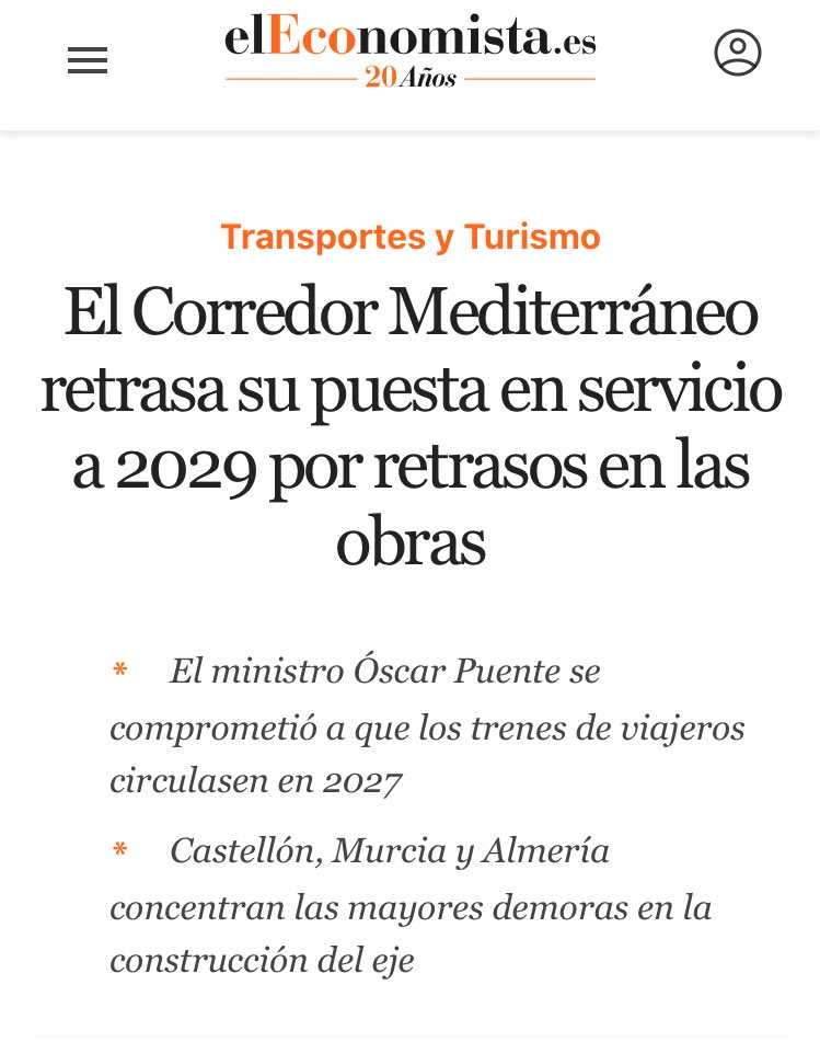 En un gir inesperat dels esdeveniments, Óscar Puente s’ha autoesmenat i ha tornar a endarrerir l’arribada del corredor mediterrani. 

Fa uns trenta anys que estem igual.

Ho explicava a <a href="/elpuntavui/">El Punt Avui 🎗️</a> l’any passat, quan l’anunci era per a 2027: elpuntavui.cat/societat/artic…