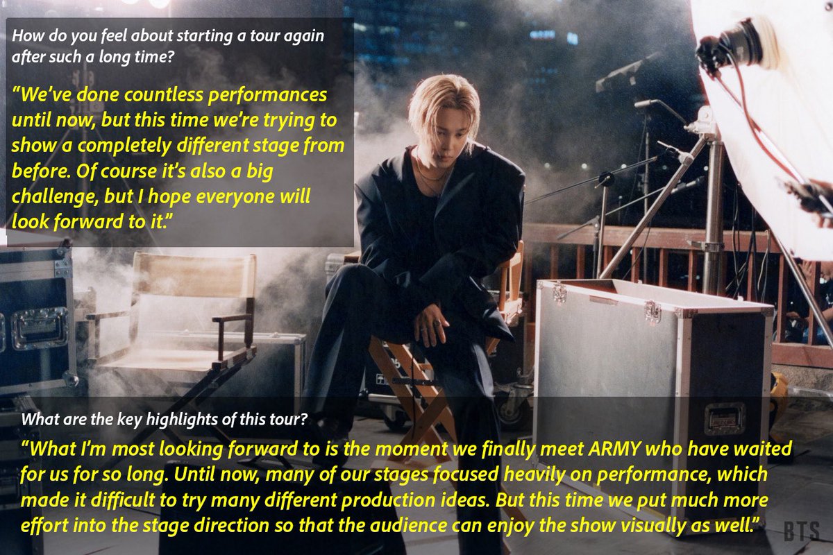 [K-News] 🐥 Jimin on BTS’s upcoming ‘ARIRANG’ World Tour

👤 How do you feel about starting a tour again after such a long time?

🐥 We’ve done countless performances until now, but this time we’re trying to show a completely different stage from before. Of course it’s also a big