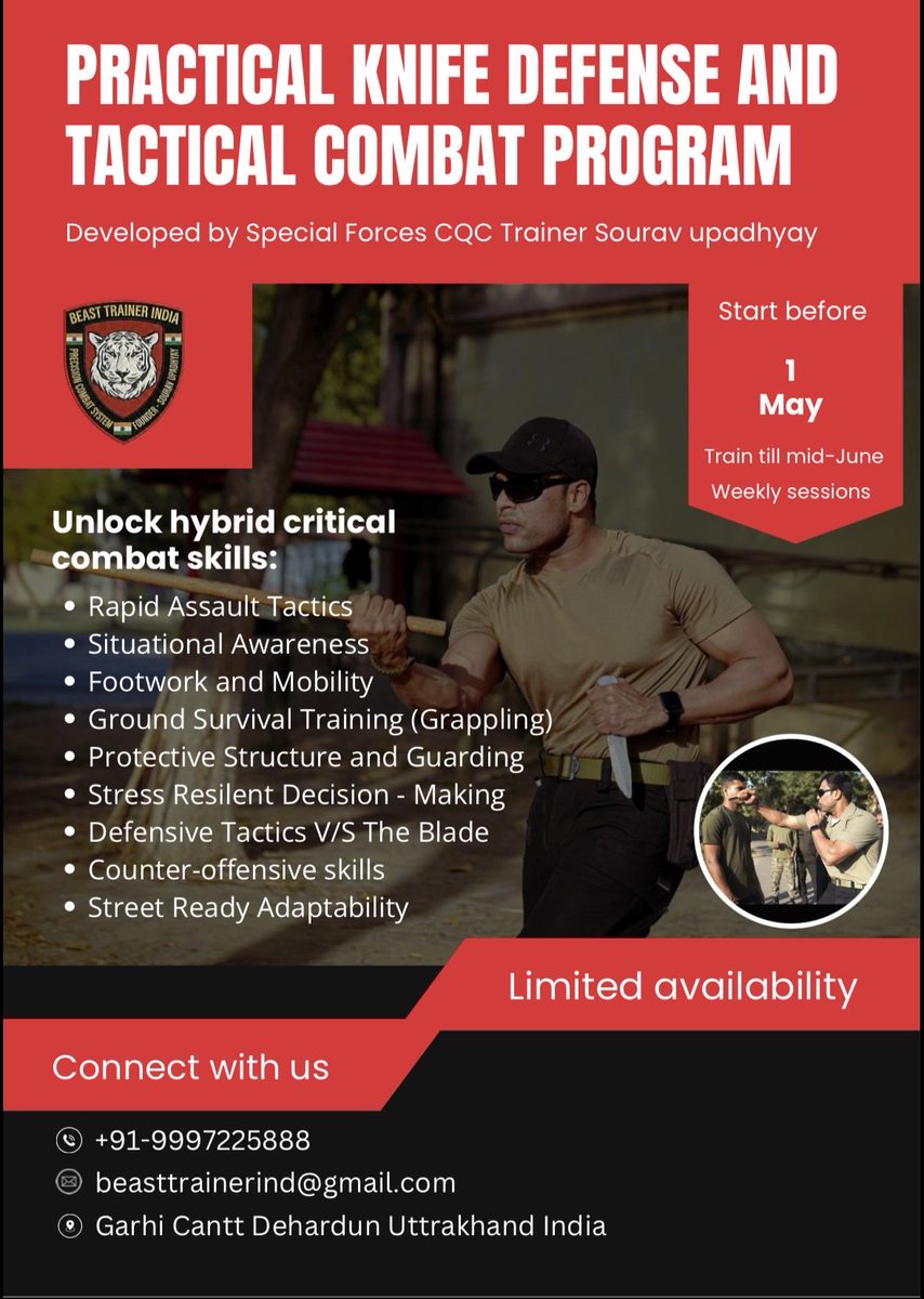 BeastTrainerInd's tweet photo. Master life saving combat skills with the highly effective Knife Defense and Tactical Combat Program designed by CQC trainer Sourav Upadhyay Beast Trainer India. 
Starting 1st May through mid June with weekly and monthly sessions.
Benefits: Boost confidence sharpen Reflexes. https://t.co/vwnZvxOSOf