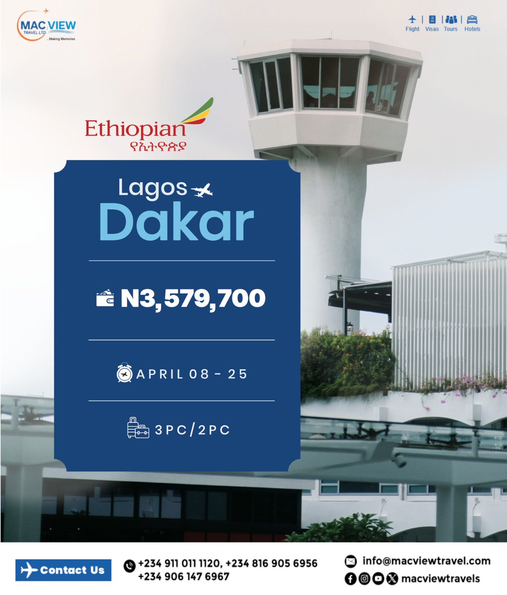MacviewT's tweet photo. FLASH SALES: LAGOS → ACCRA, DAKAR, ENTEBBE, NAIROBI, KIGALI ✈

Book your flight with macviewtravels and enjoy discounted flight fares from Lagos to the various destinations.

⏳ Hurry! Flash Sales ends soon.

Send a DM or WhatsApp now
📱 Call/WhatsApp: 09110111120 | 08169056956
📧 Email: info@macviewtravel.com
#flightfares #flightfare #flightfaredeals